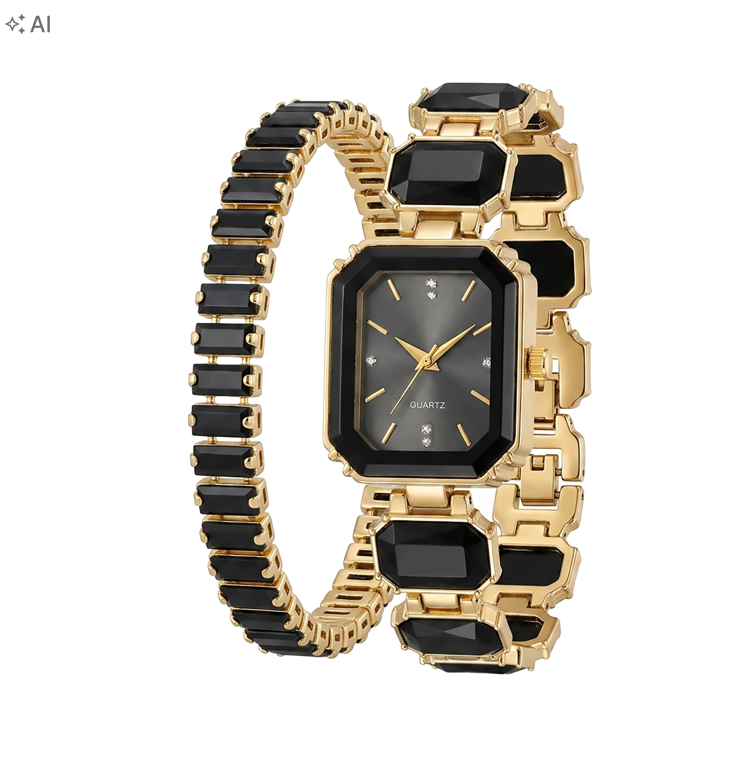 Women's Watch with Bracelet Black Crystals Elegant Gold Plated Set Packaging status original