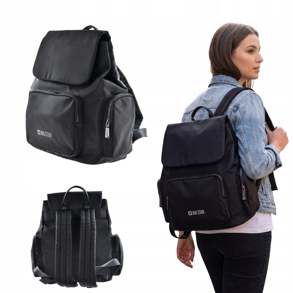 Women's backpack Big Star LL574042 black city with flap and pockets