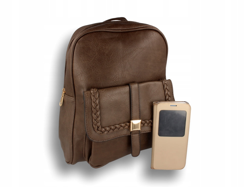 Women's backpack classic brown with pocket Main pattern plain