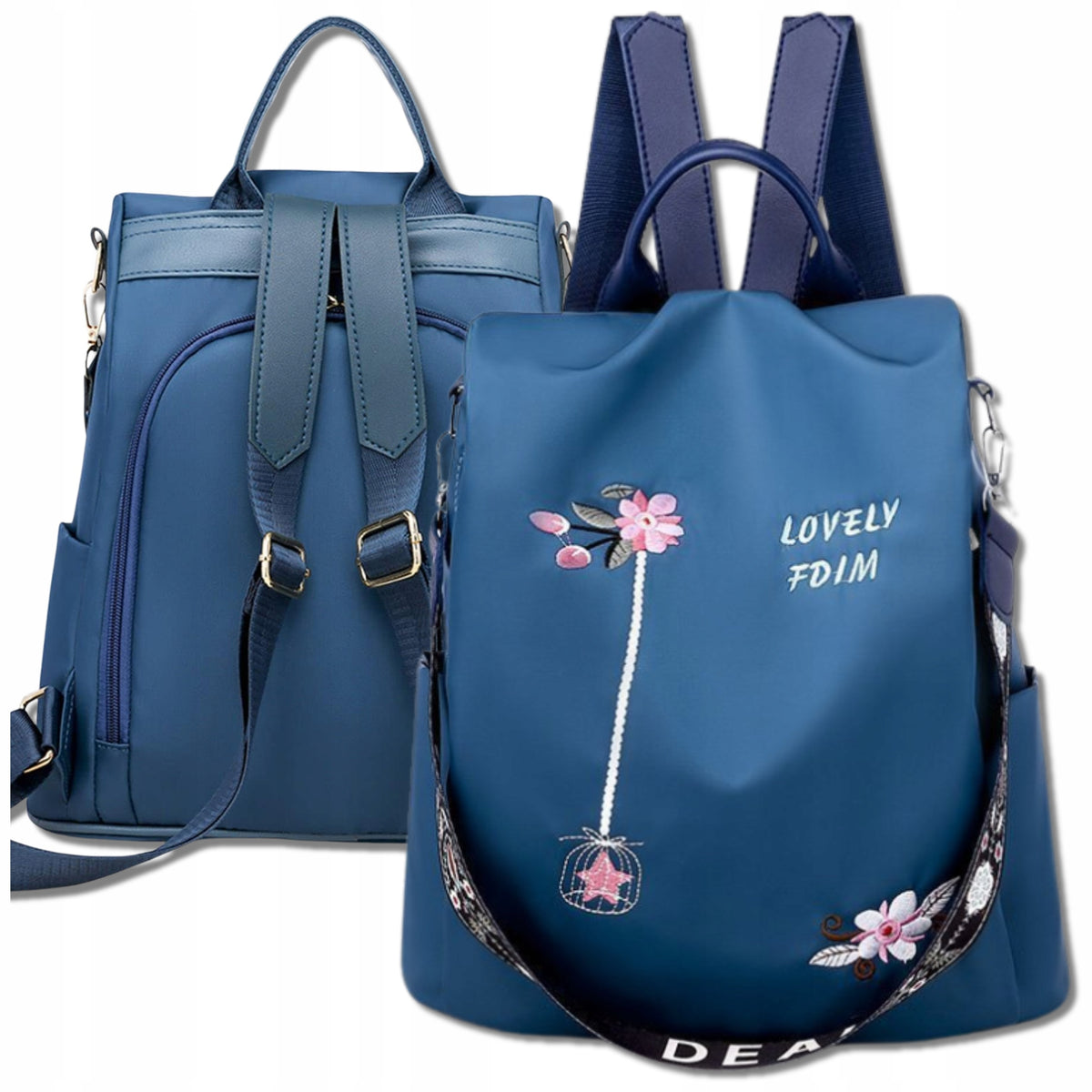 Women's backpack urban sports roomy fashionable Blue flowers summer belt Packaging status original