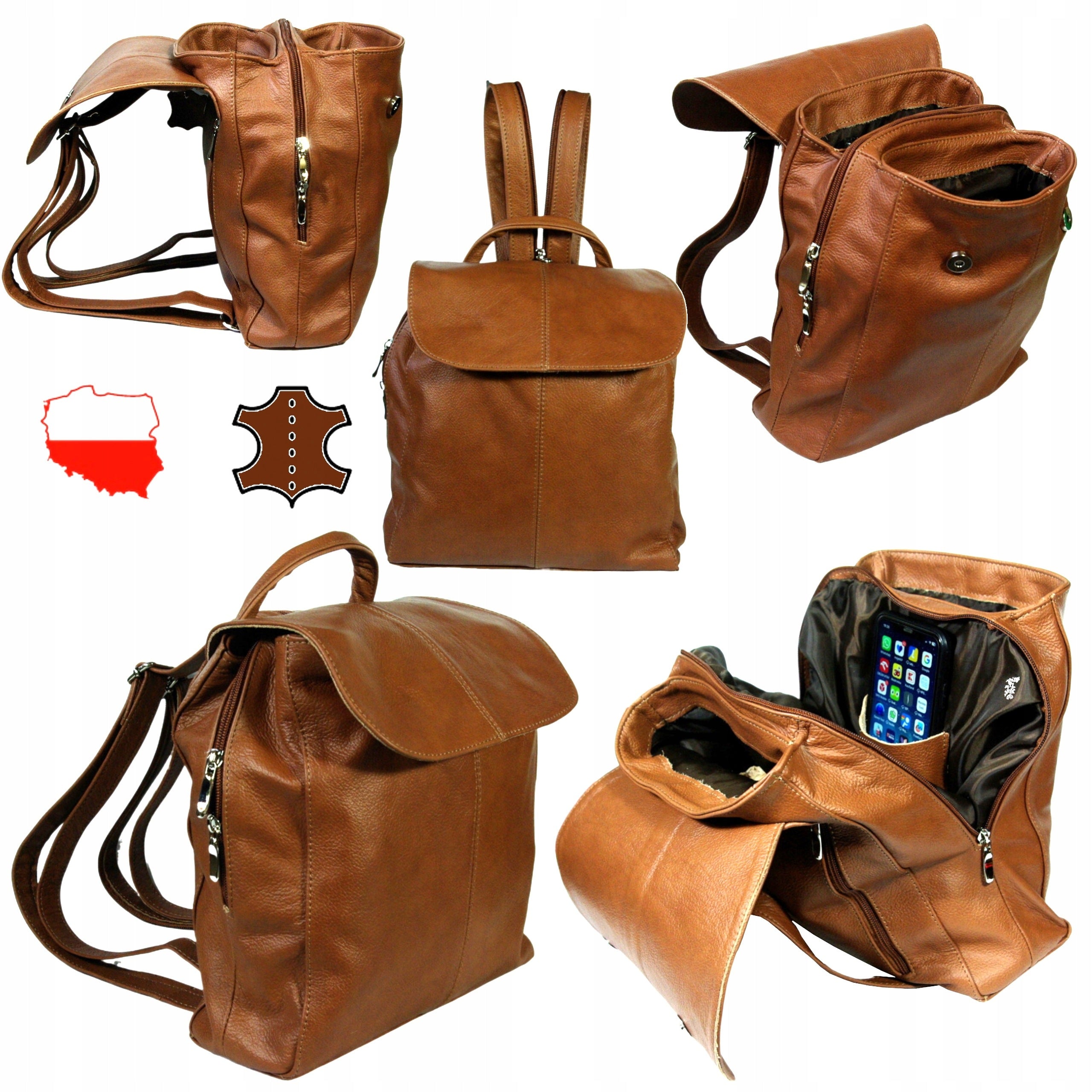 Women's leather backpack brown large made in Poland genuine leather