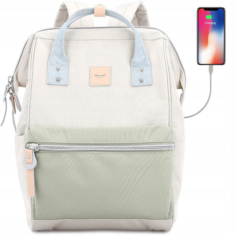 Women's urban backpack Himawari HM1881 for laptop 13,3 USB beige-green