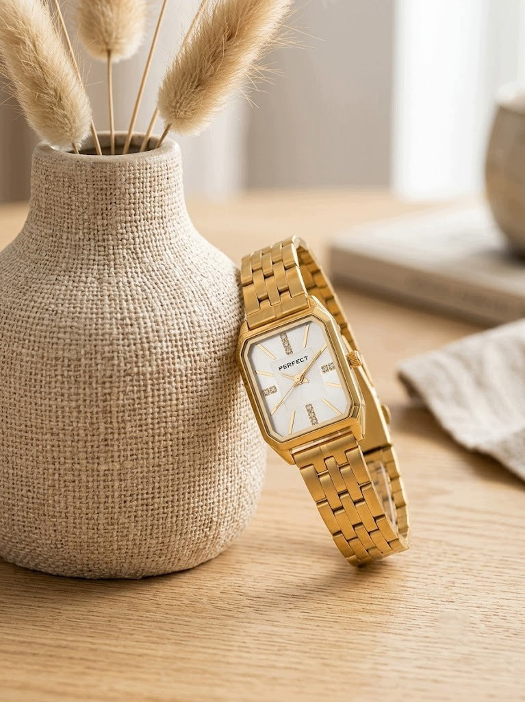 Women's watch PERFECT GOLD STEEL BRACELET RHINESTONES + ENGRAVING Brand Perfect