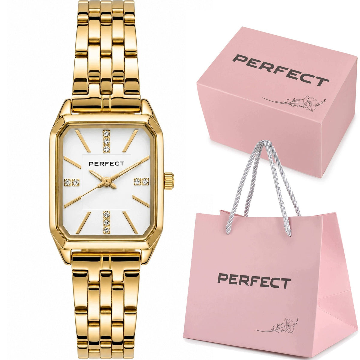 Women's watch PERFECT GOLD STEEL BRACELET RHINESTONES + ENGRAVING