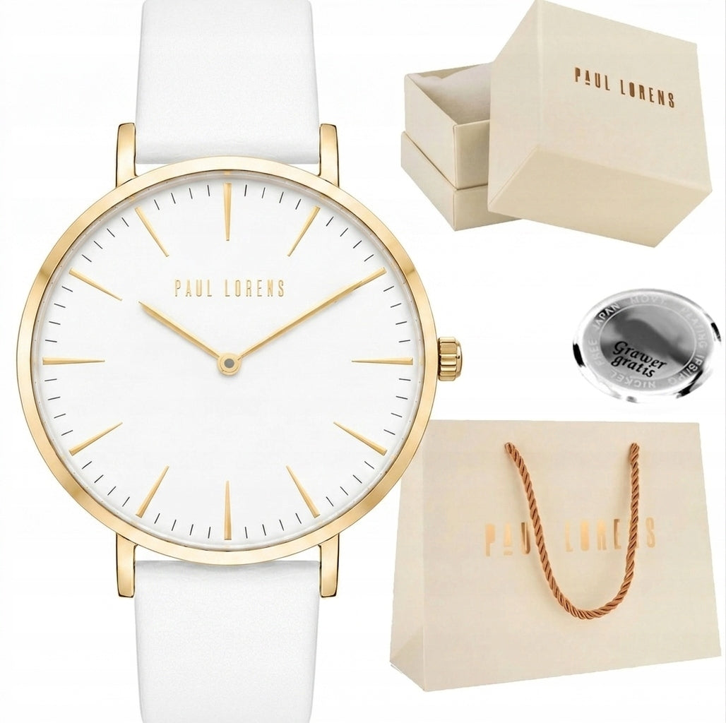 Women's watch Paul Lorens ALVIRA white and gold - genuine leather + ENGRAVING
