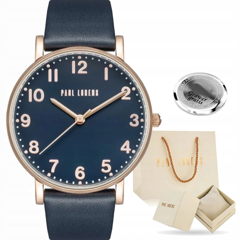 Women's watch Paul Lorens FARAH leather navy dial with numbers ENGRAVING