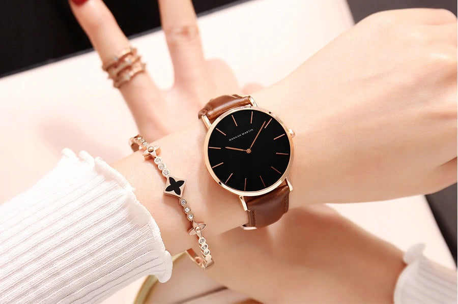 Women's watch leather strap brown gold elegant Brand Hannah Martin