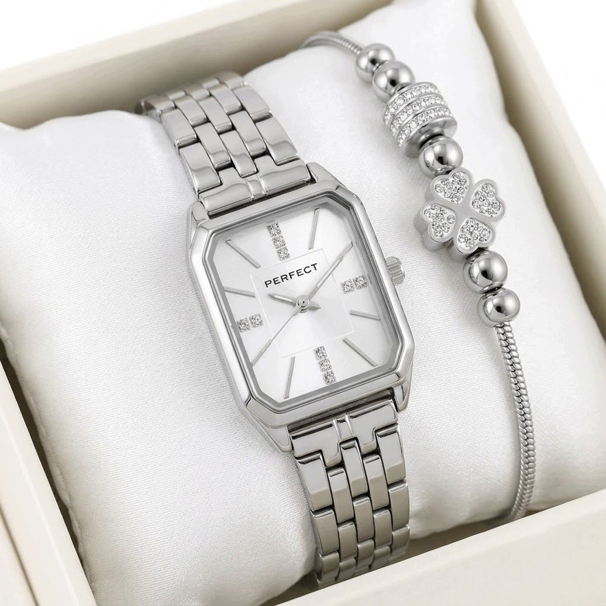 Women's watch set PERFECT SILVER STEEL BRACELET RHINESTONES + ENGRAVING