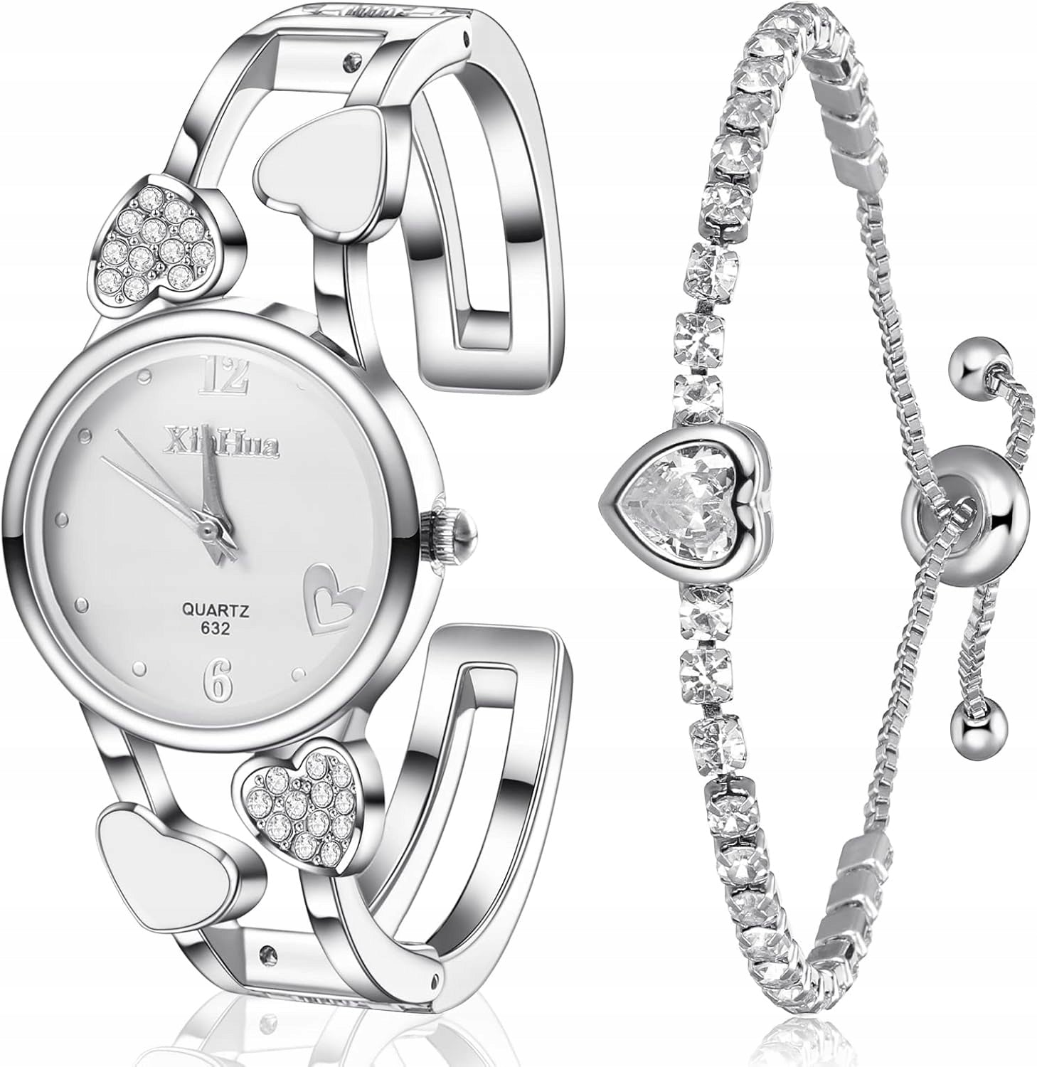 Women's watch set silver + crystal heart bracelet elegant Brand no brand