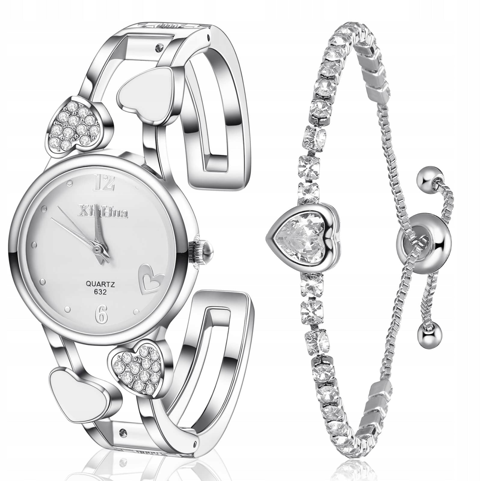Women's watch set silver + crystal heart bracelet elegant