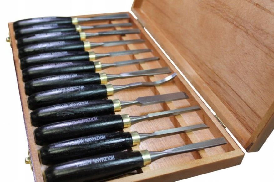 Wood carving chisels, set of 12 in cassette SCH12TLG Holzmann Blade type groove chisel bush hammer scoop flat semicircular spike chisel