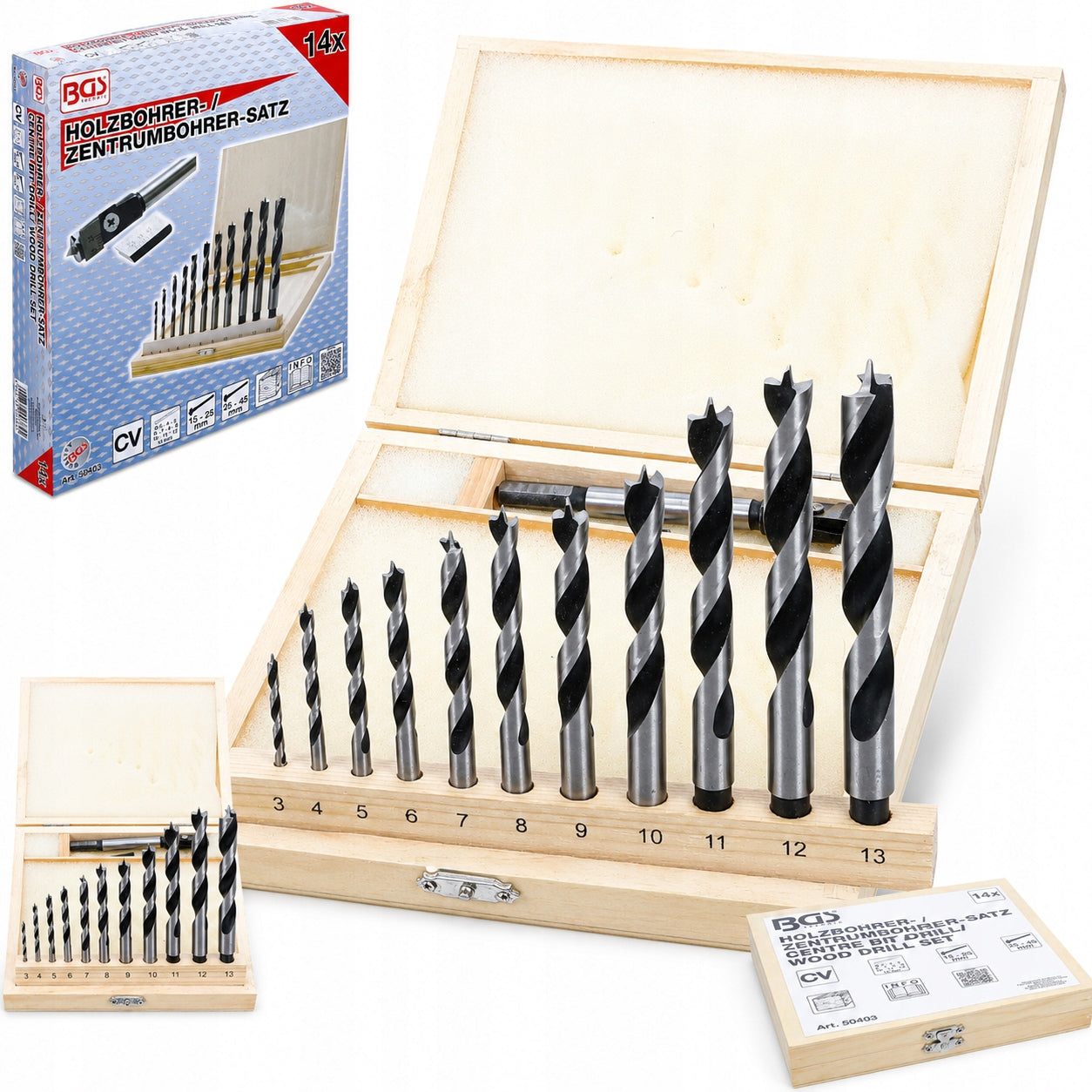 Wood drill bits and centering drill bits with precision fang 3-45mm 14el. BGS