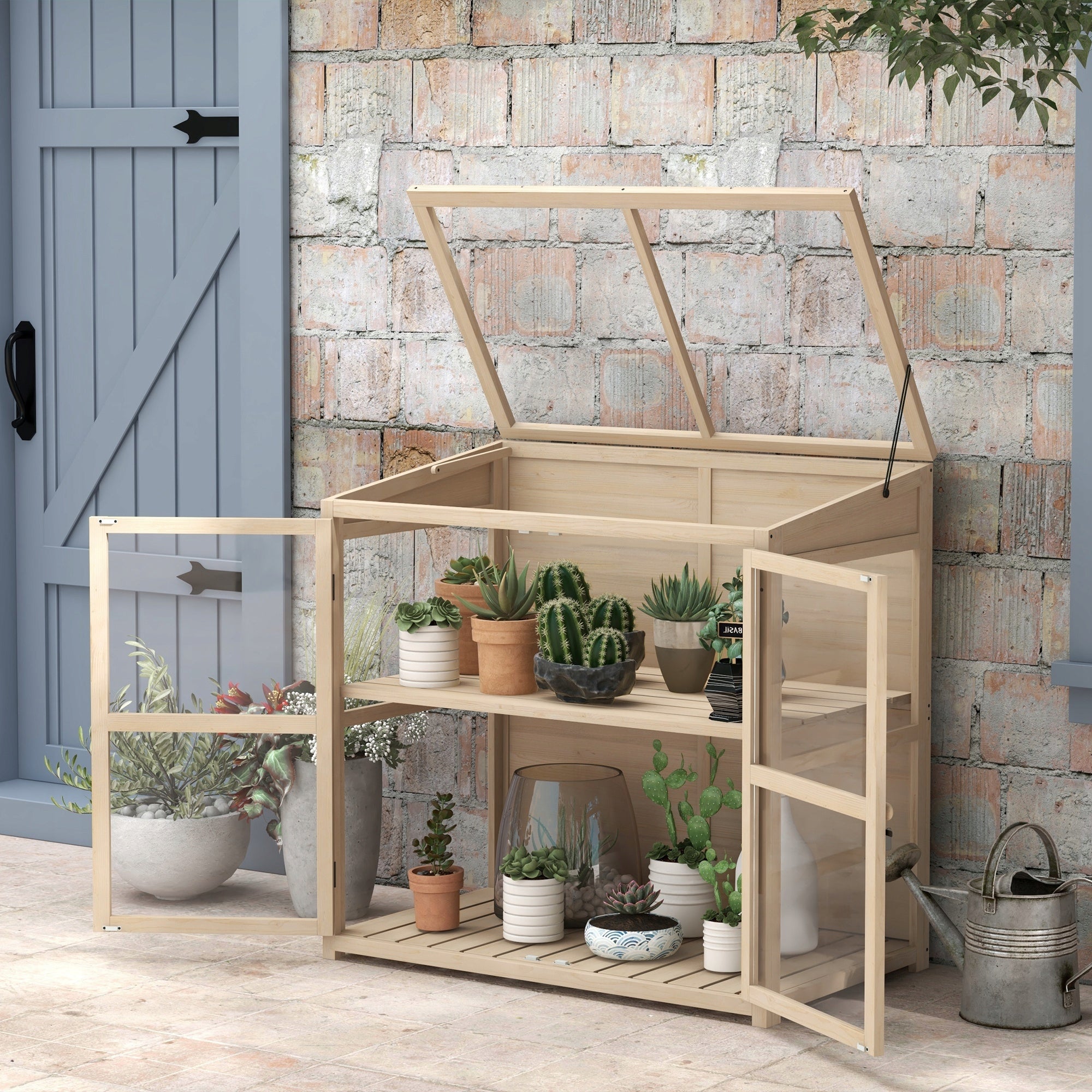Wood greenhouse with double doors, roof window, 2-level Manufacturer Outsunny