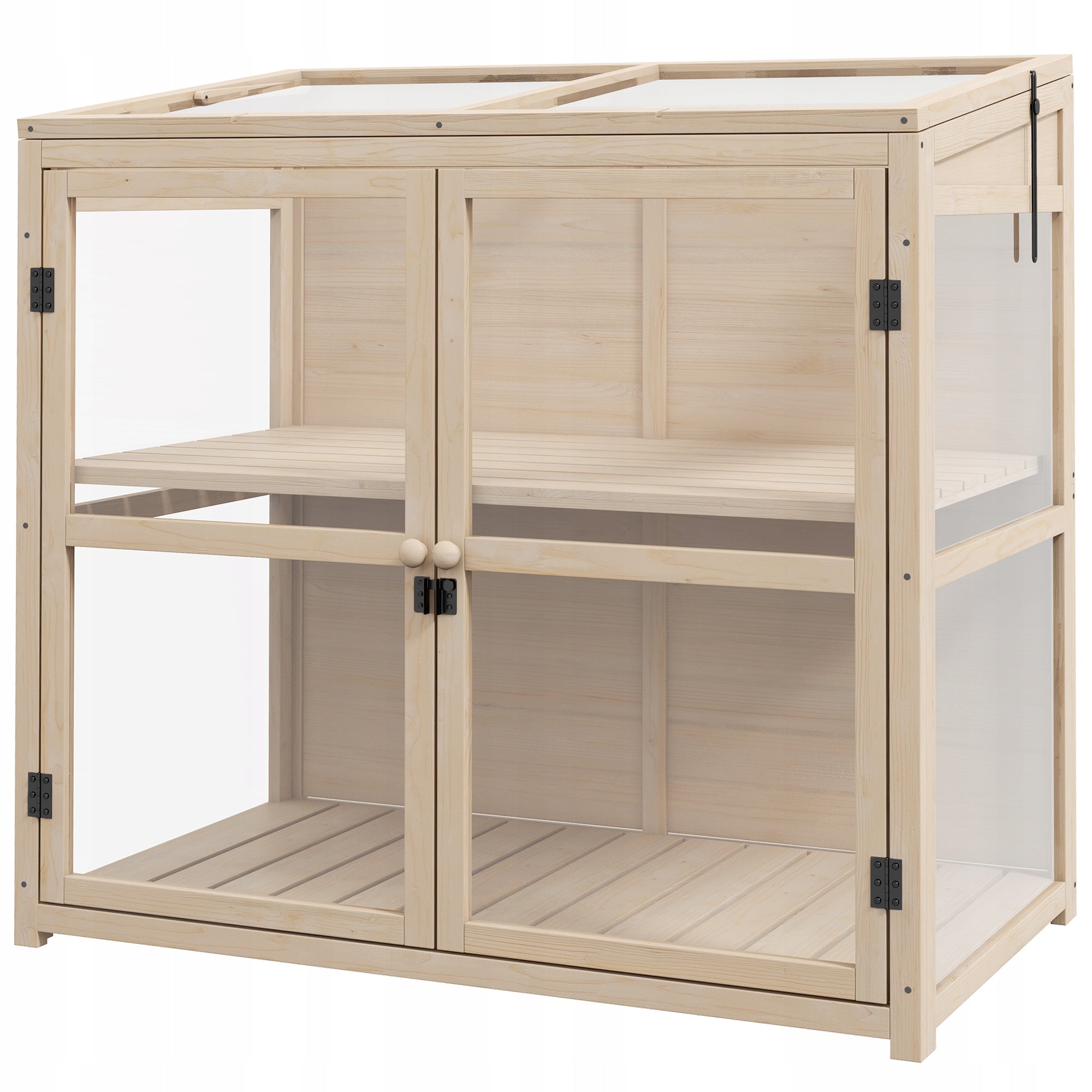 Wood greenhouse with double doors, roof window, 2-level