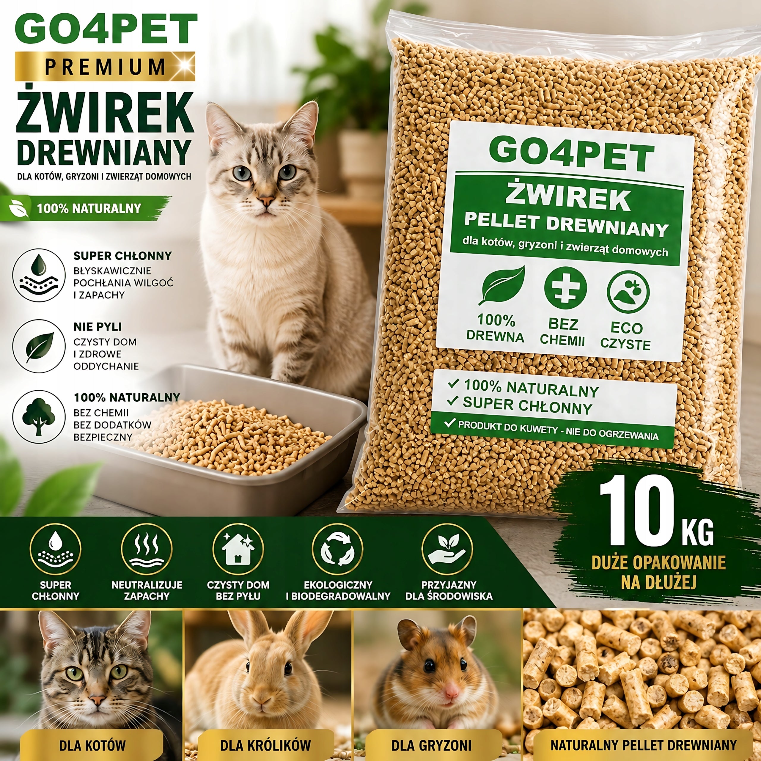 Wooden Litter GO4PET 10kg Pellet For Cat Rabbit Rodents Natural EKO Packaging status original