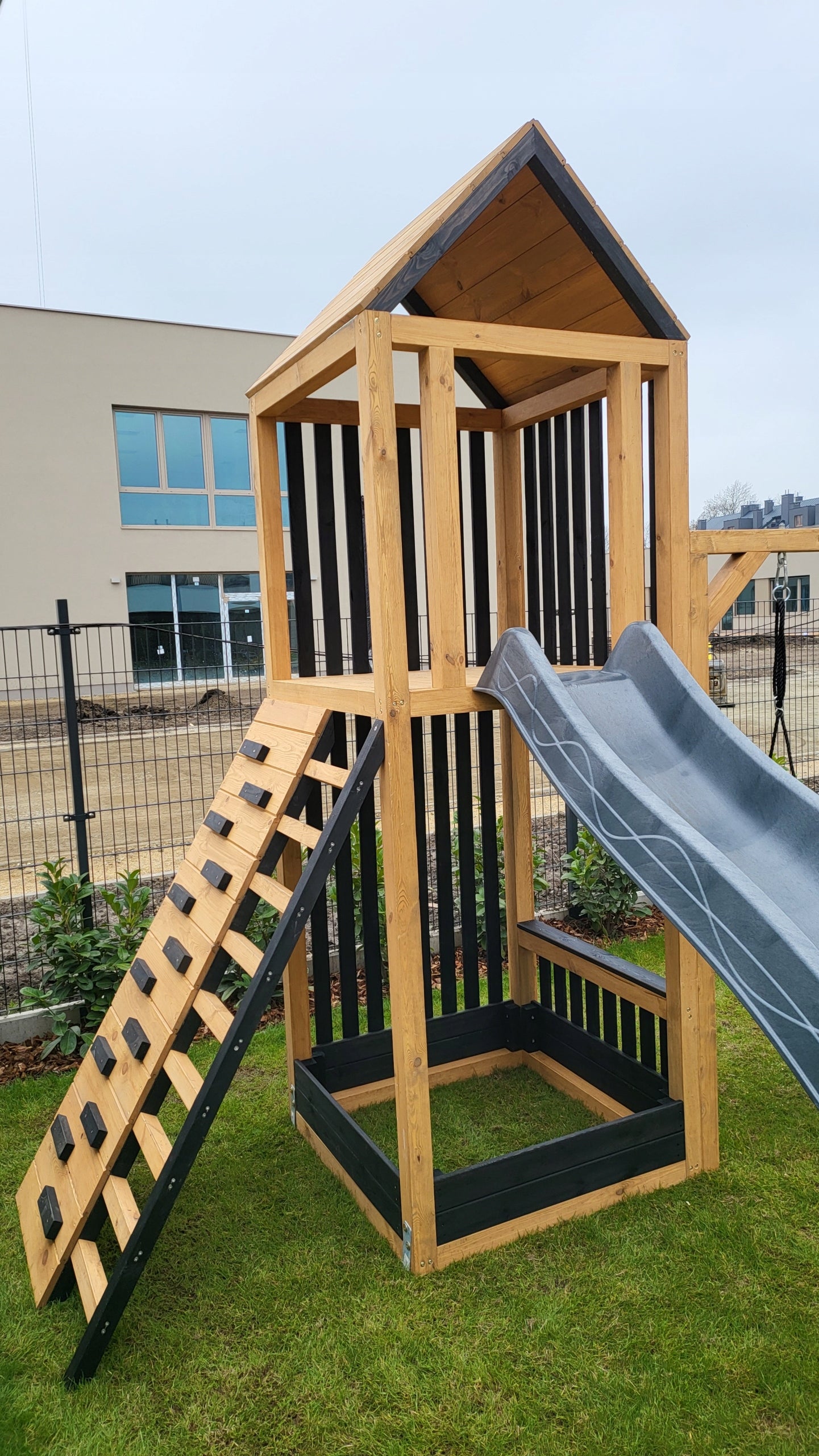Wooden Modern Square Toys LUNA XL ,Lamele , Swing, Slide Included 2 single swings crow's nest house ladder double swing single swing ropes sandbox climbing wall nets tunnel slide