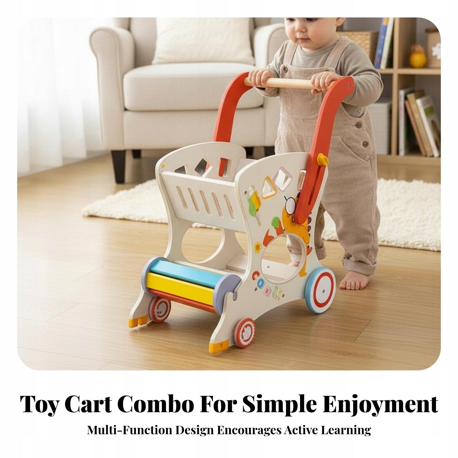 Wooden Push Stroller Toy Shopping Cart Playful Cartoon Print Brand no brand