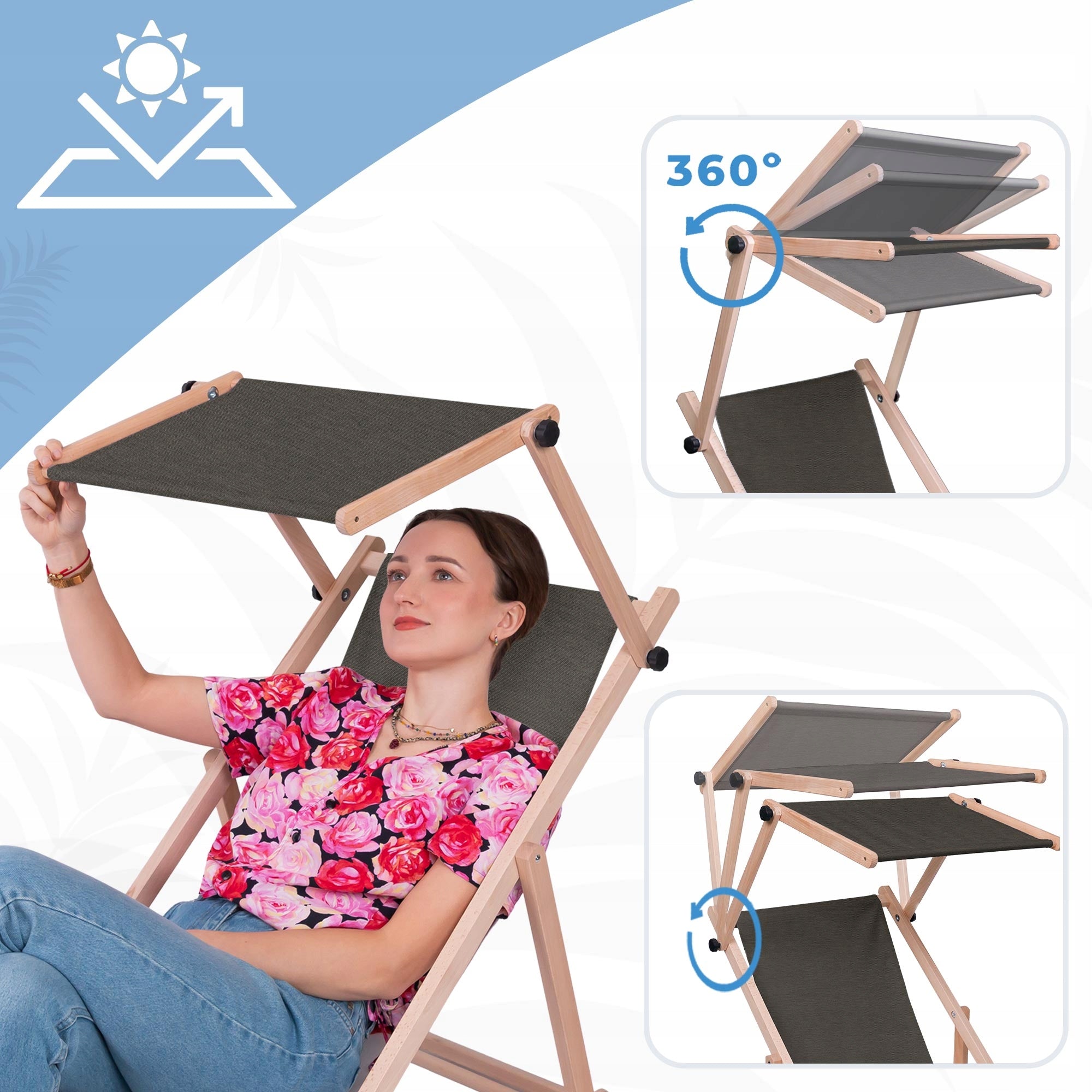 Wooden Sun Lounger with Canopy and Footrest Imitation Jeans for Garden Terrace Mix Brand DreamRoots