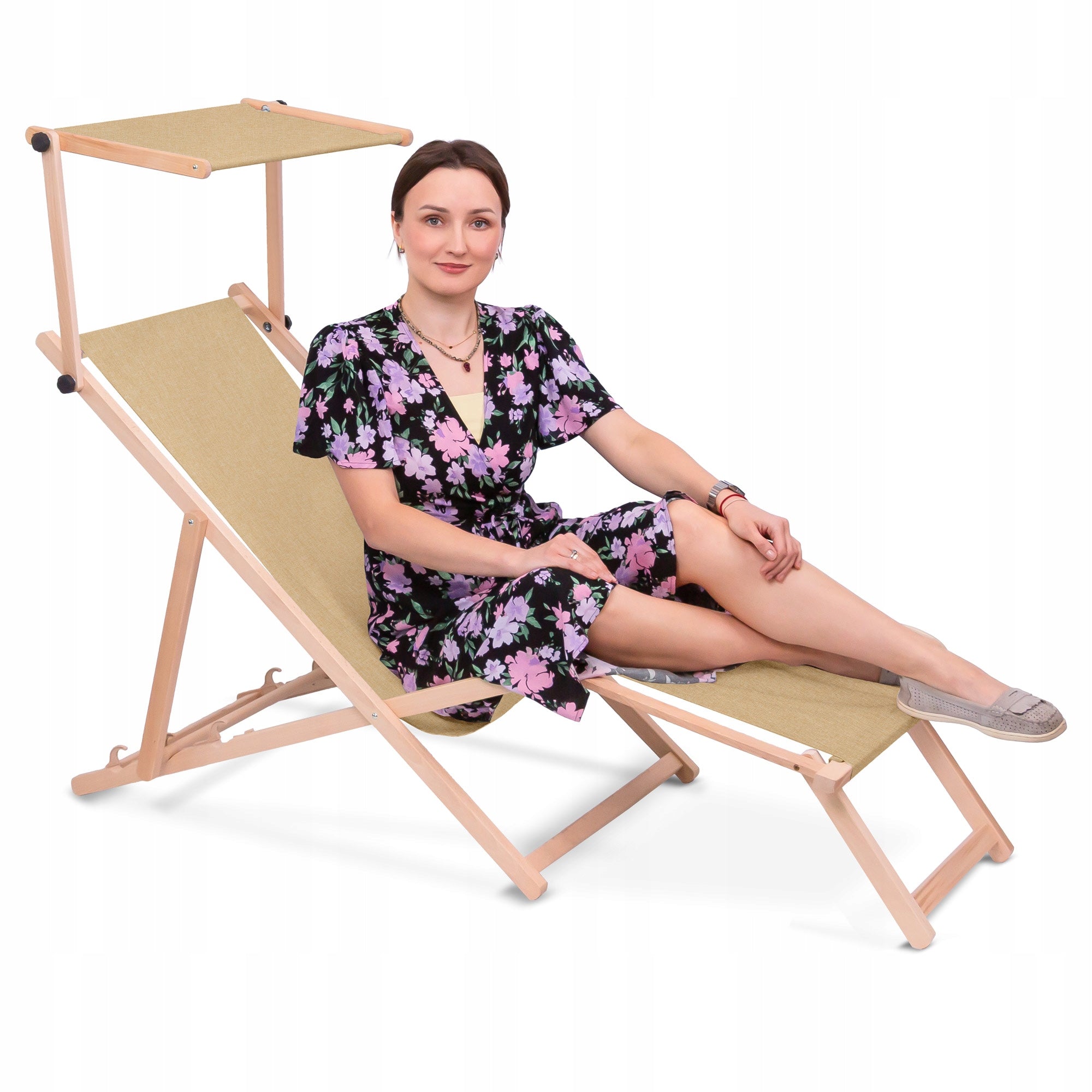 Wooden Sun Lounger with Canopy and Footrest Waterproof Imitation Linen Color brown