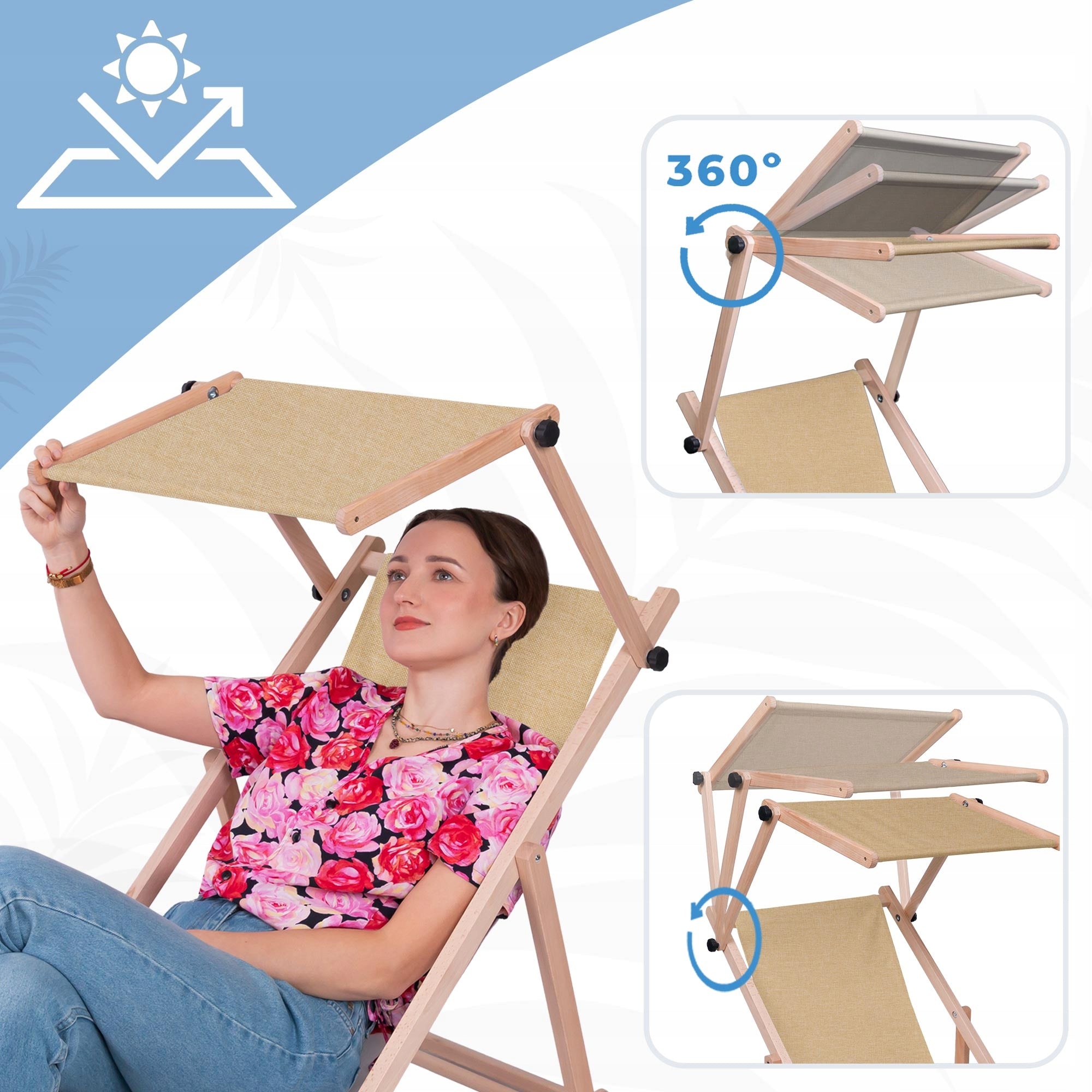 Wooden Sun Lounger with Canopy and Footrest Waterproof Imitation Linen Manufacturer code 658