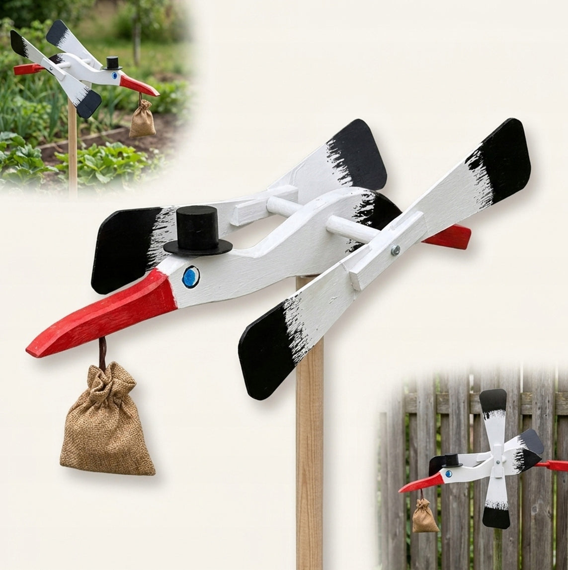 Wooden WINDMILL BIRD garden mole repellent STORK HAT