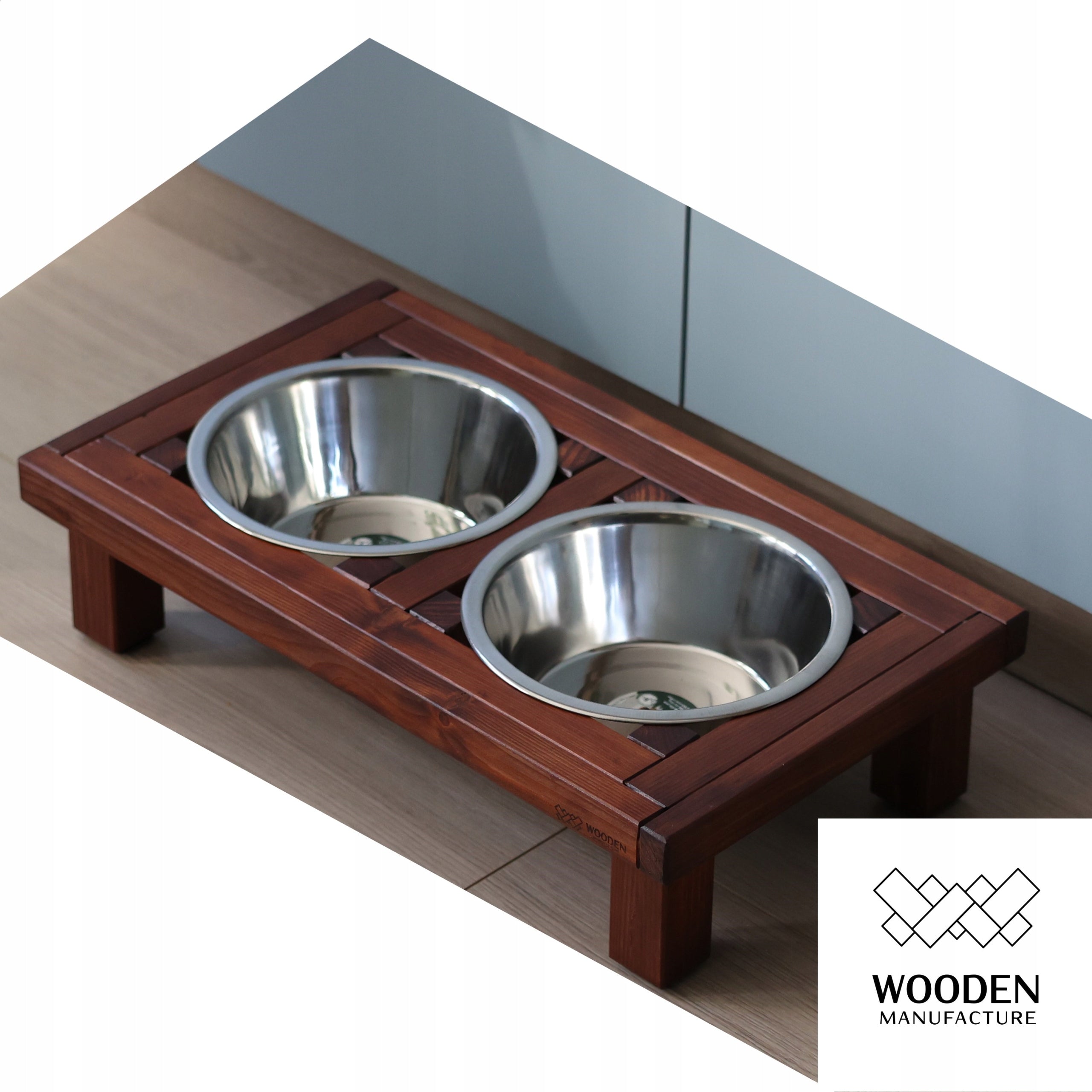 Wooden frame plus two metal bowls 2 x 1,8l for dog Packaging status original