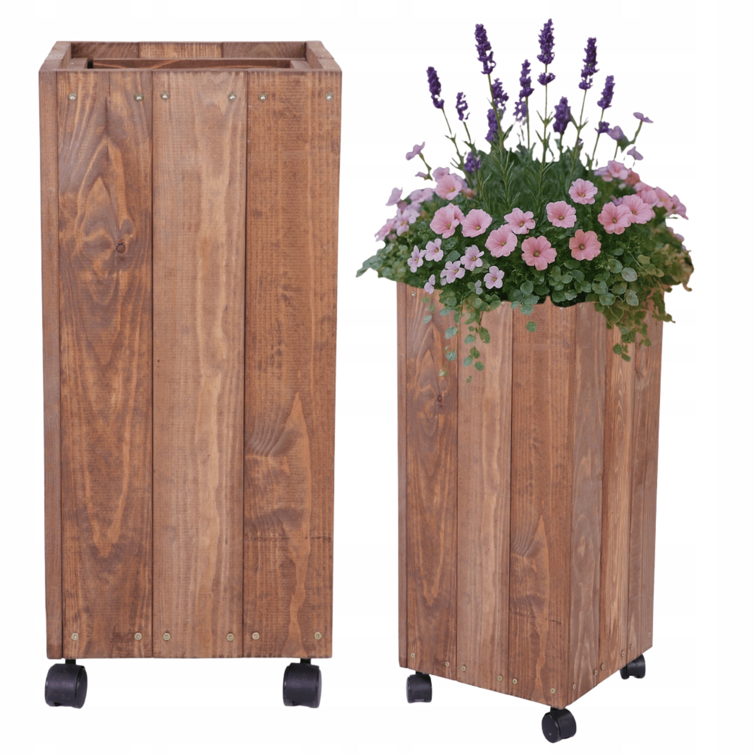 Wooden garden planter on wheels mobile for terrace impregnation 86x28x28