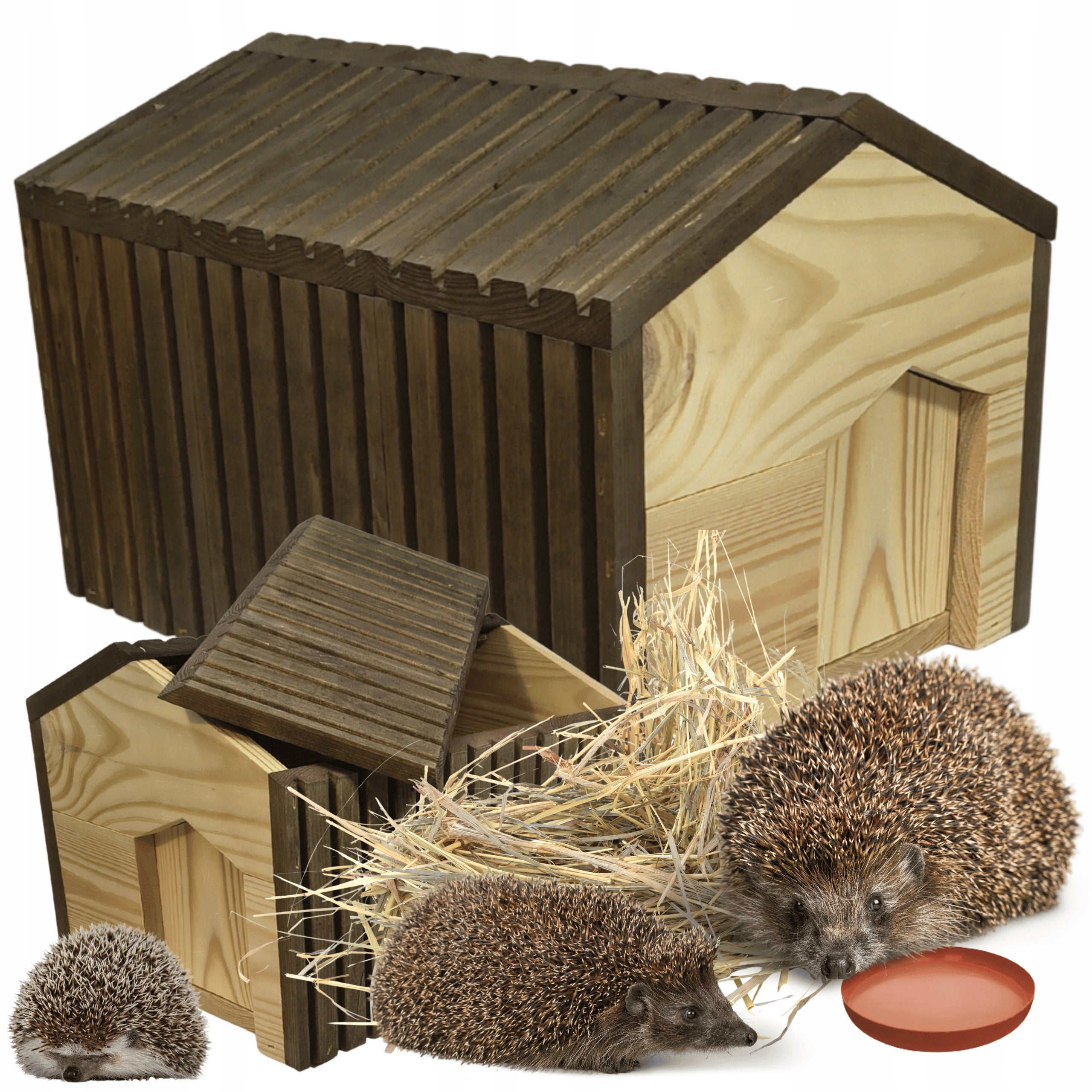 Wooden hedgehog house EKO impregnated 25x36x27 cm with hay and bowl