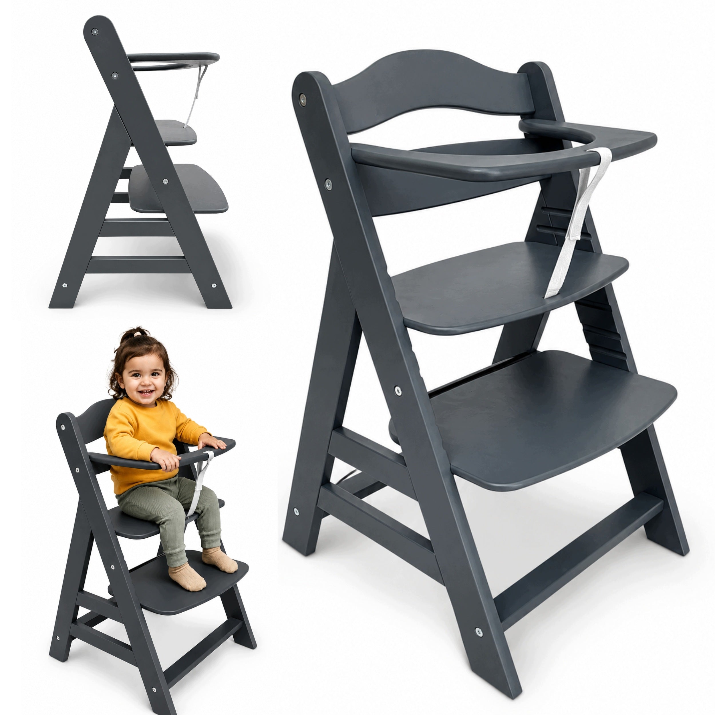 Wooden high chair growing adjustable footrest anthracite