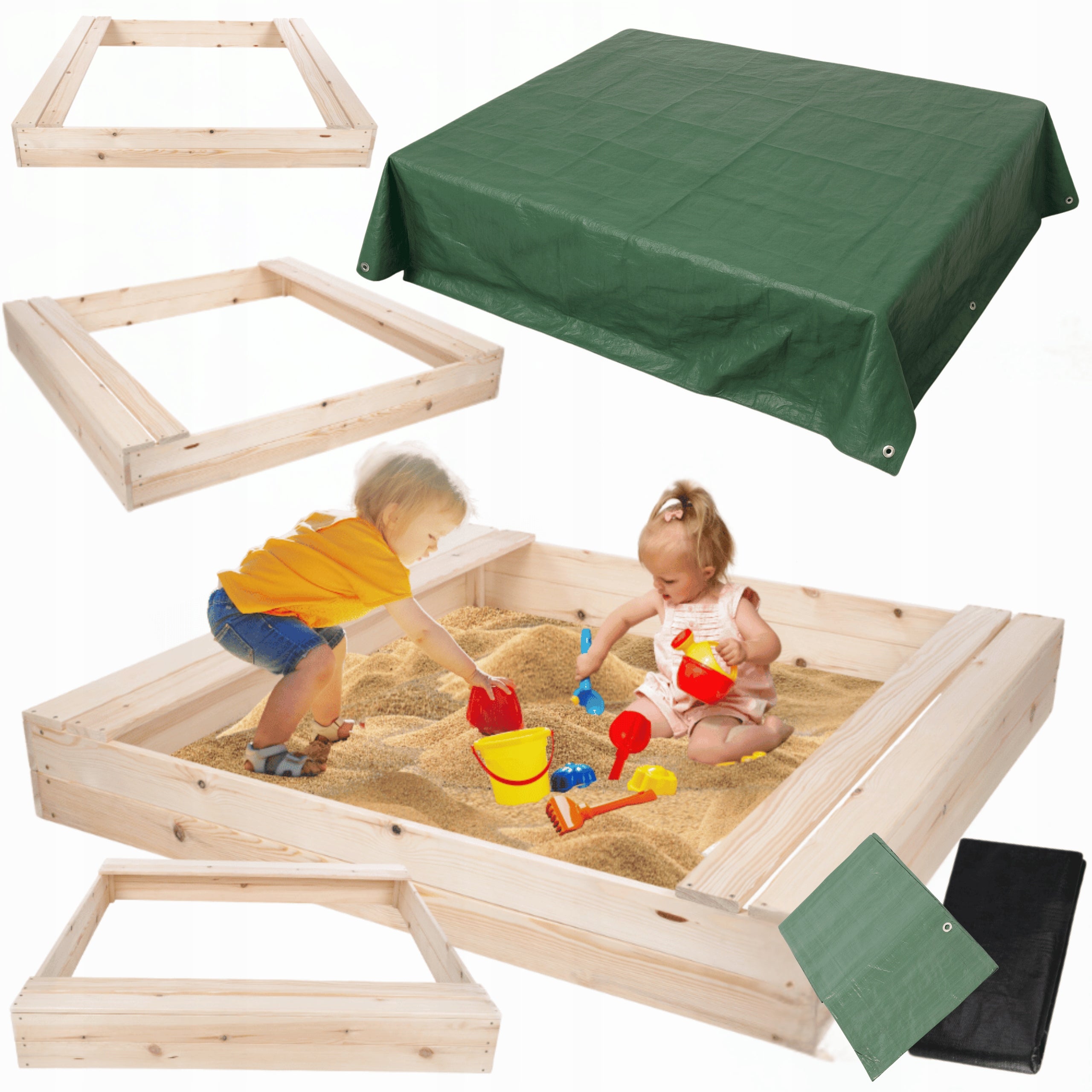 Wooden sandbox 140x140 with benches AGRO TARPAULIN eco wood
