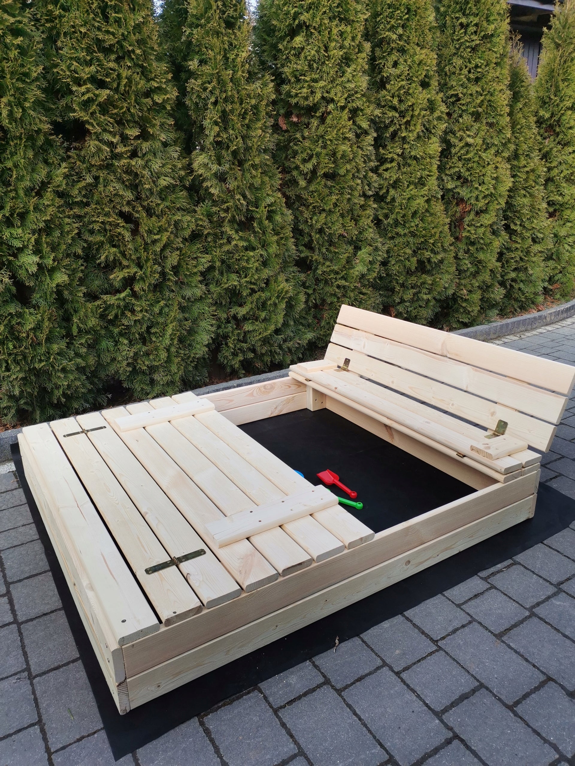 Wooden sandbox 170x150x25 cm with bench and lid closed large Length 170 cm