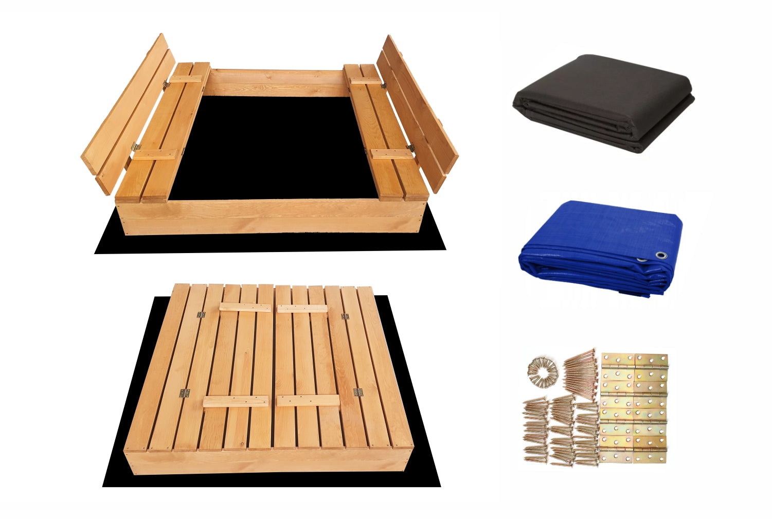 Wooden sandbox CLOSED 120x120 with Benches large + Freebie Agrotextile Brand EcoTraps