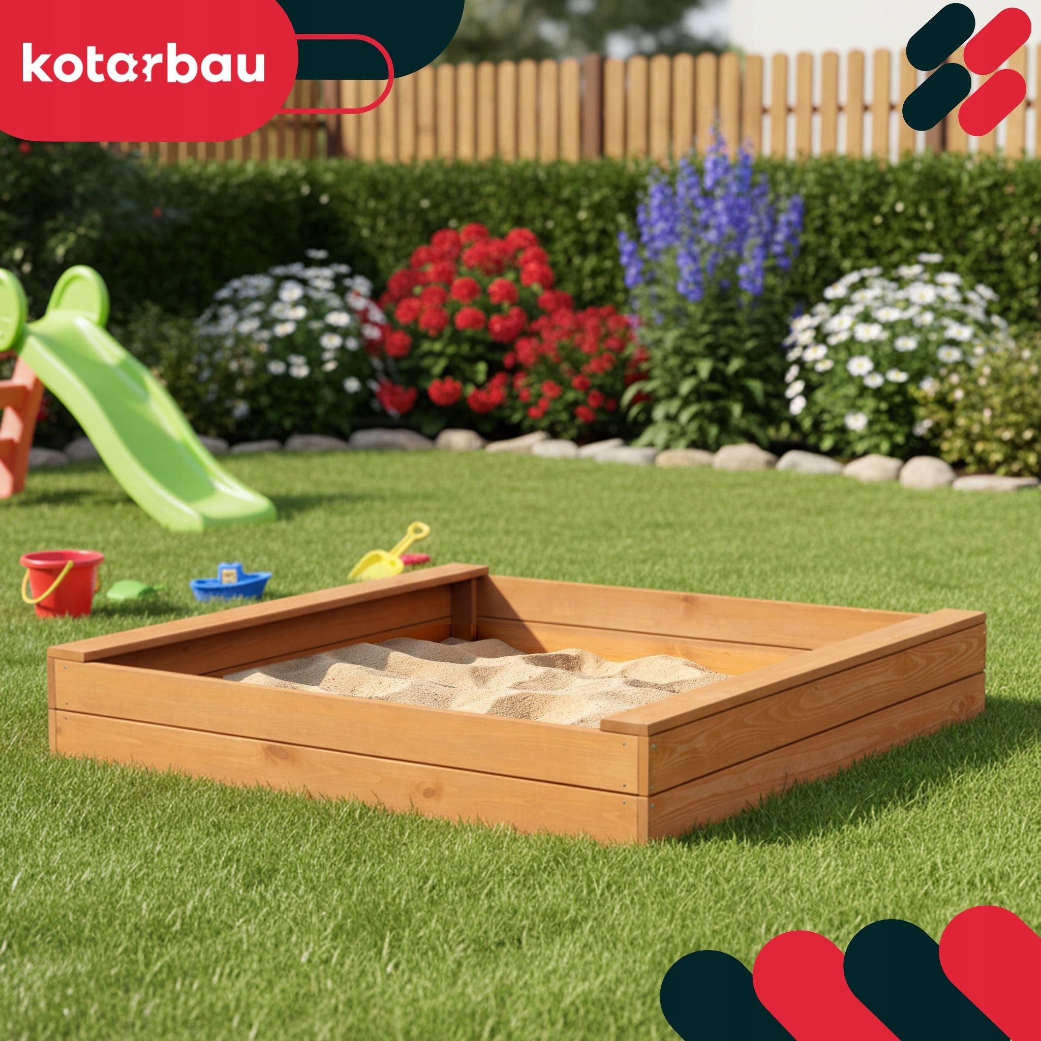 Wooden sandbox with garden benches for children brown 140x140 solid Packaging status original