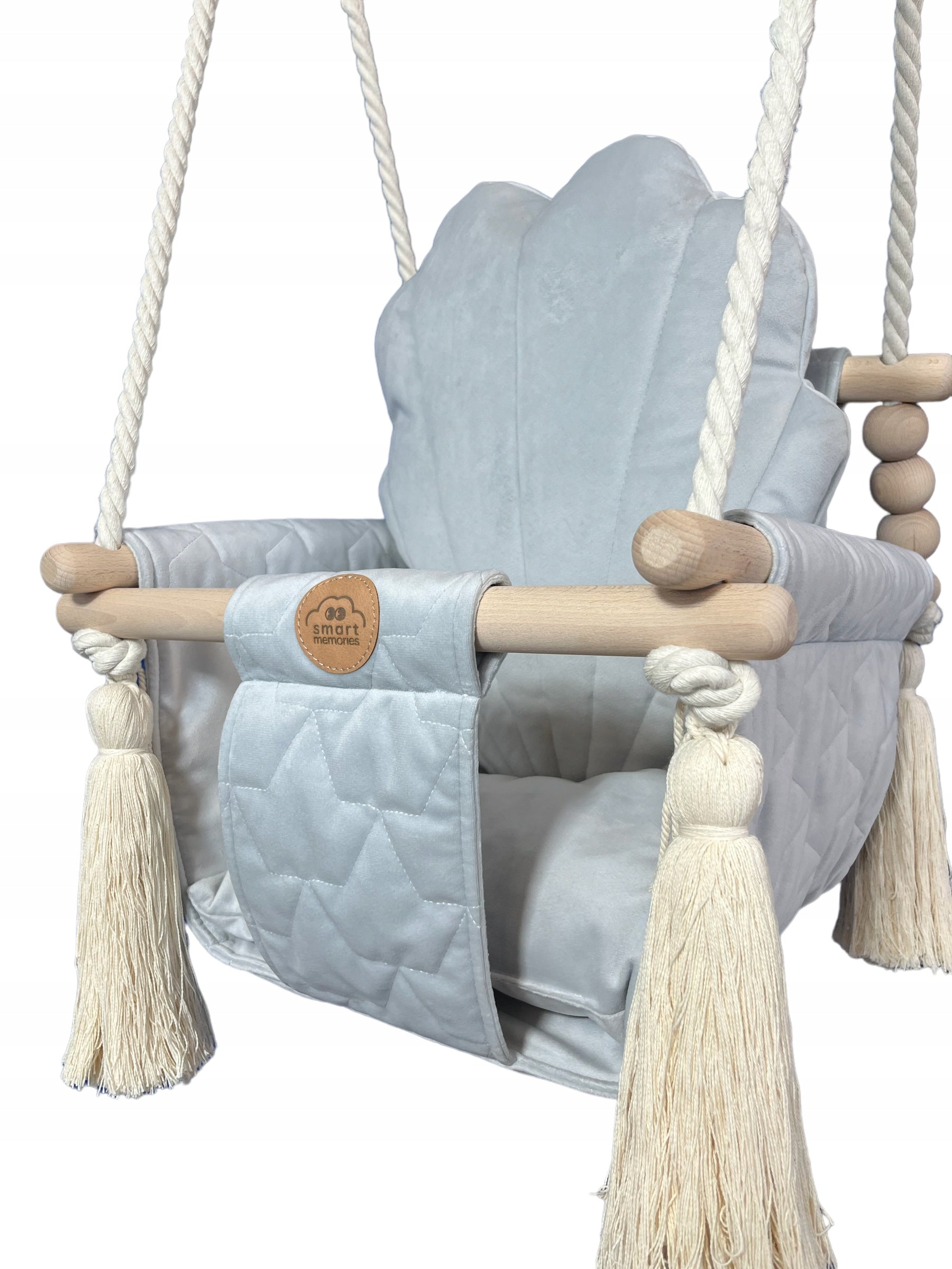 Wooden swing for children grey velvet silver