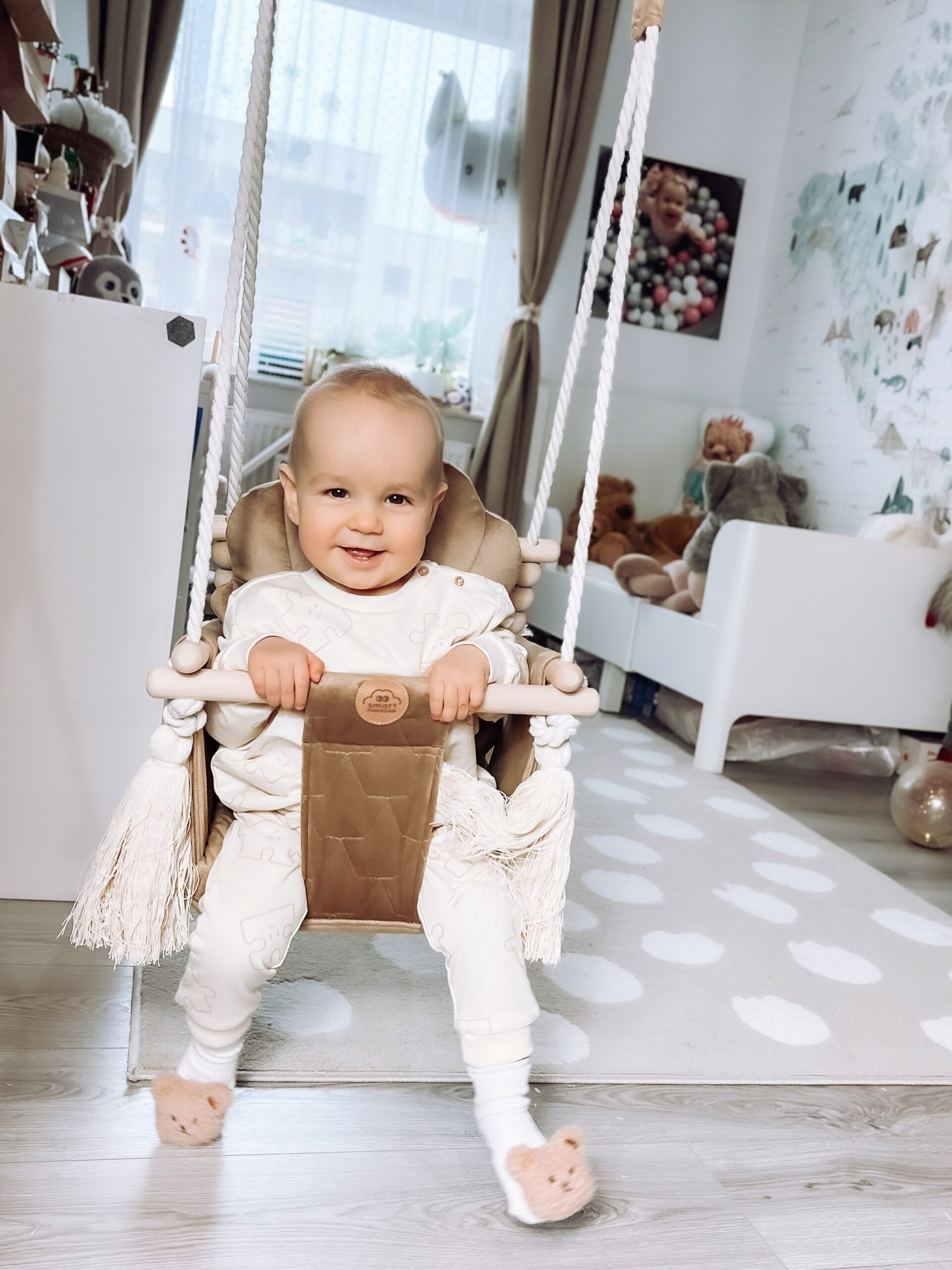 Wooden swing for children velvet beige brown Packaging status original