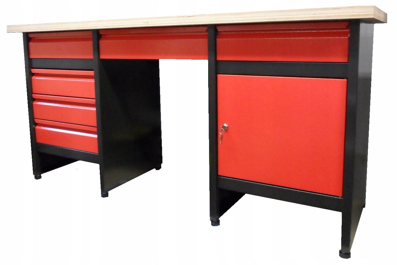 Workbench work table 170 cm, TABLETOP plywood 3 cm, 6 drawers and cabinet
