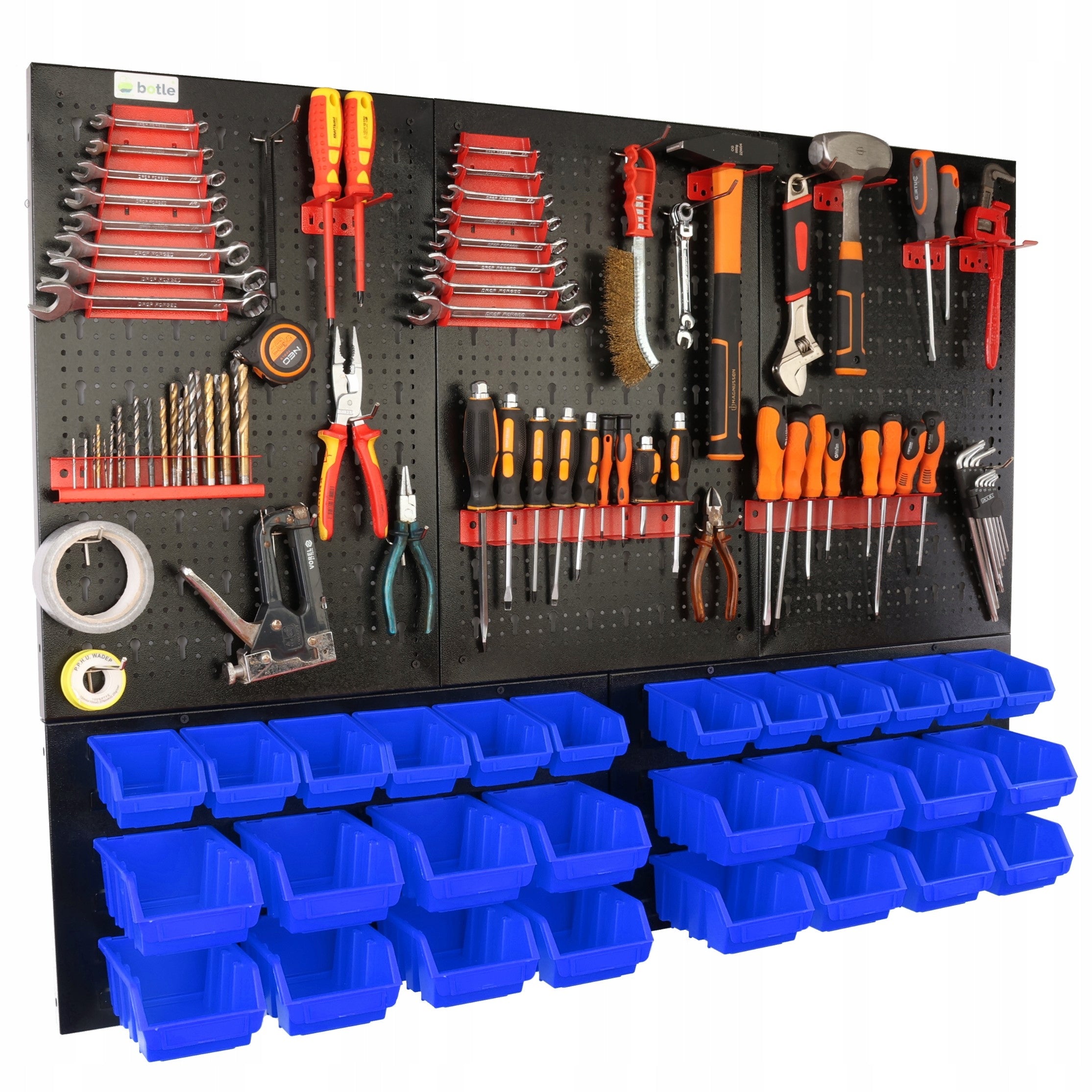 Workshop board botle 120x90cm metal 28 containers blue hooks
