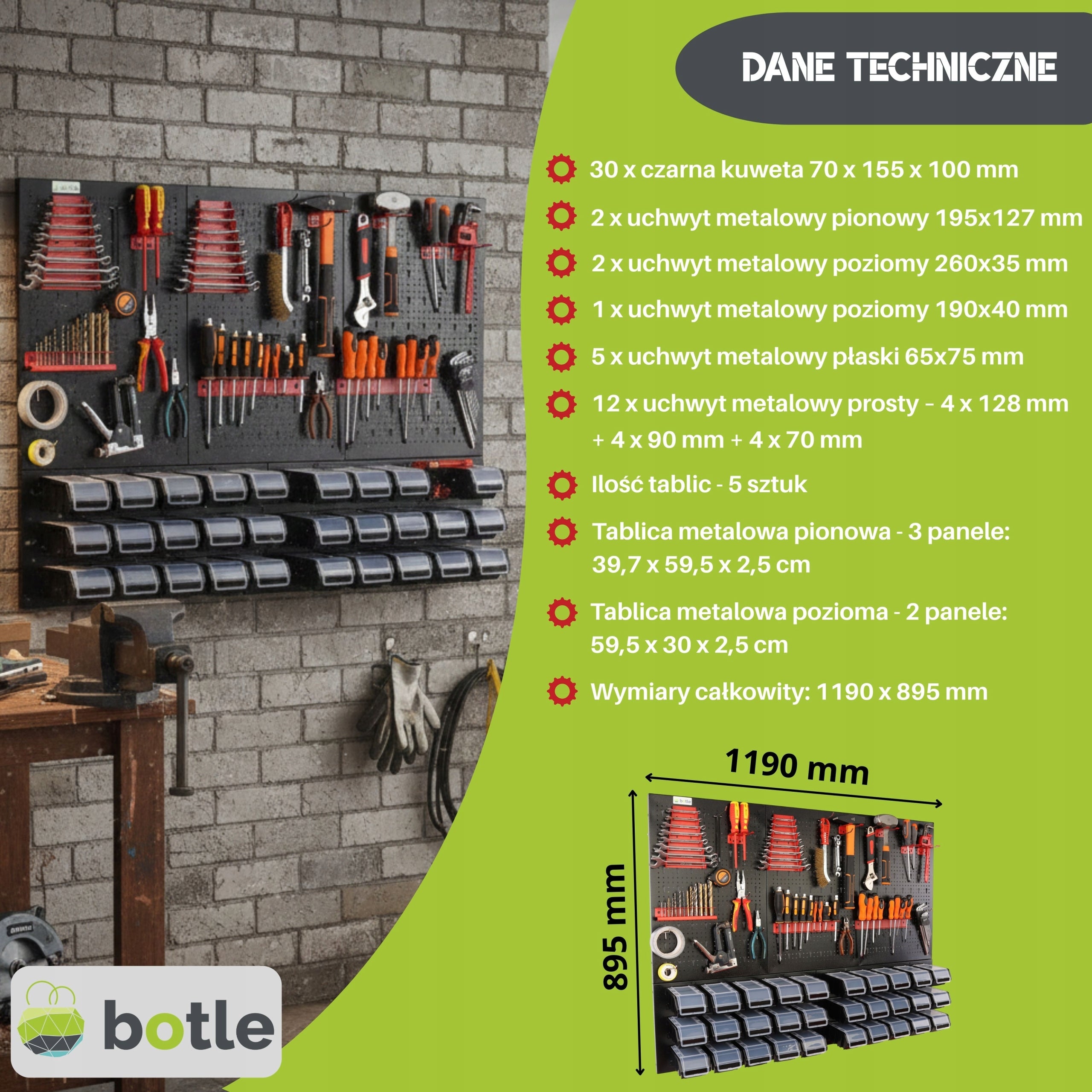 Workshop board botle 120x90cm metal 30x container BLACK handles Brand Botle