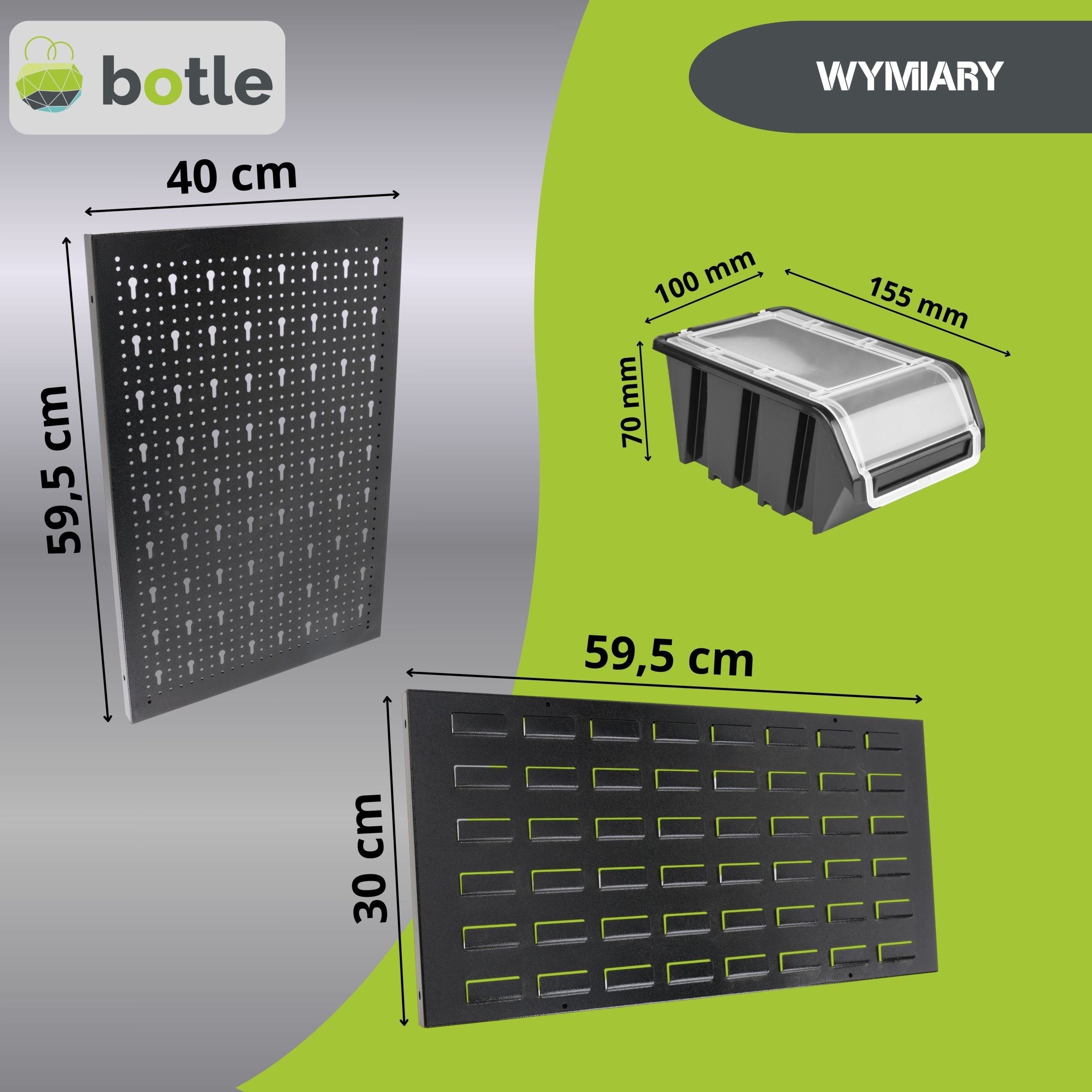 Workshop board botle 120x90cm metal 30x container BLACK handles Kind pegboard