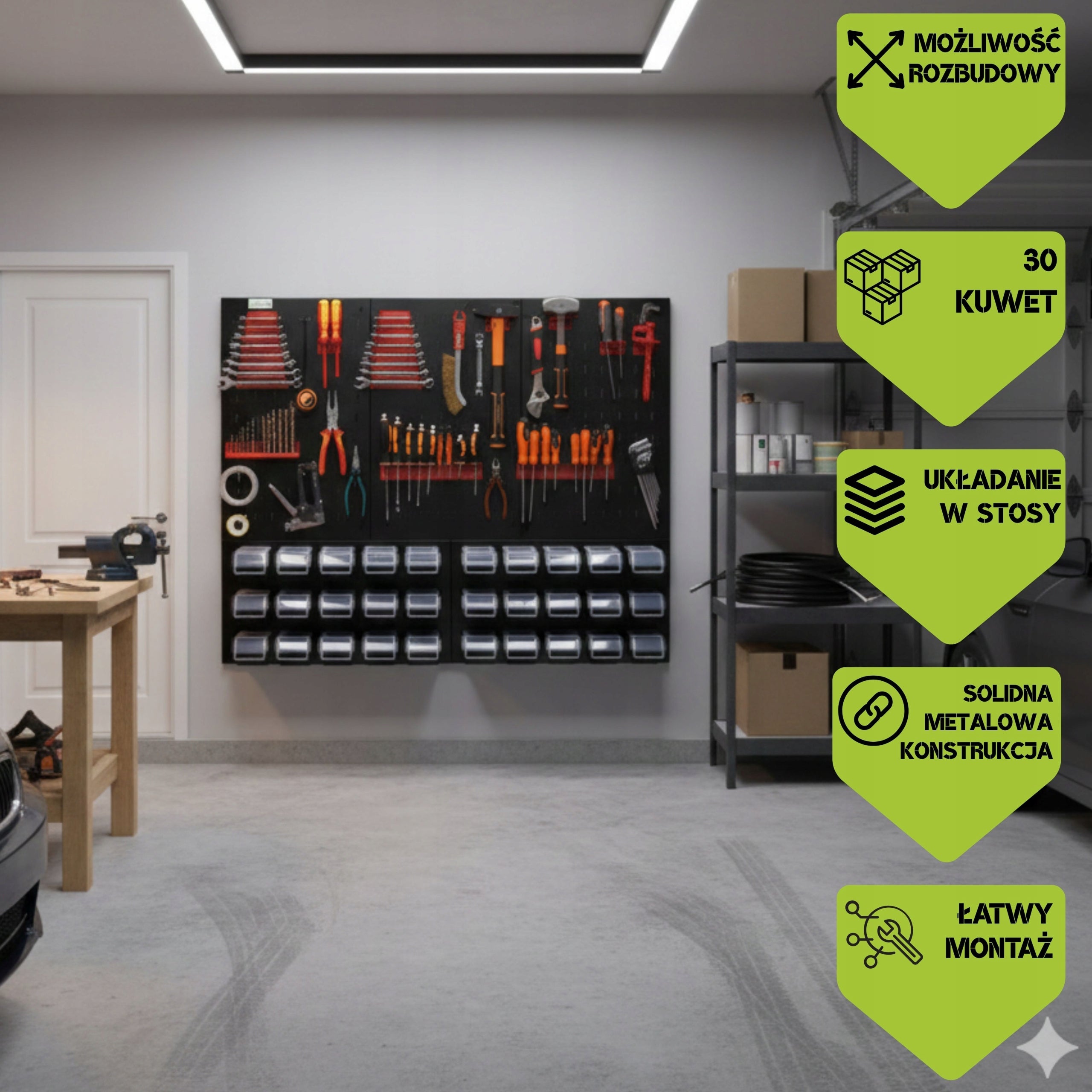 Workshop board botle 120x90cm metal 30x container BLACK handles Product height 90 cm