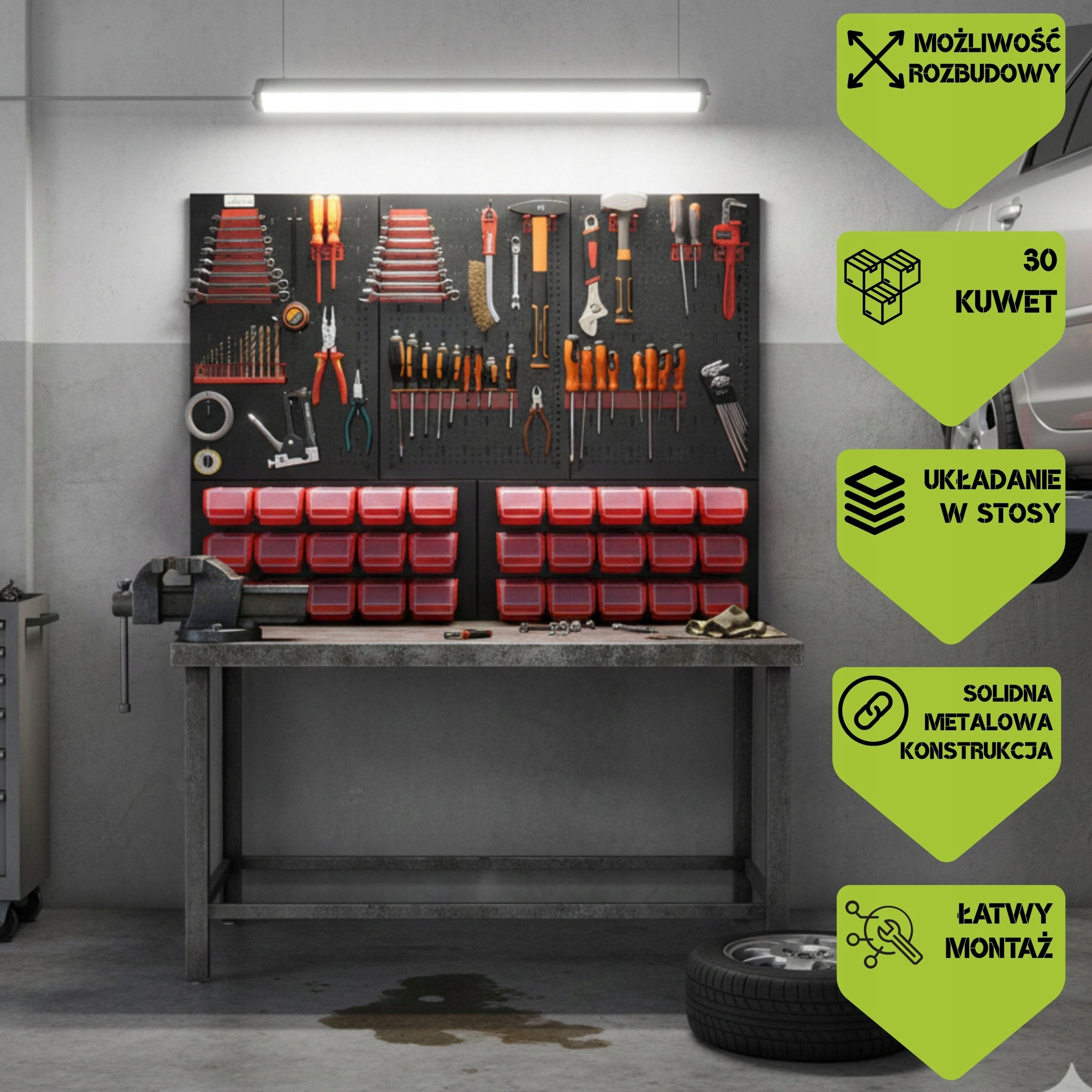 Workshop board botle 120x90cm metal 30x container RED Product height 90 cm