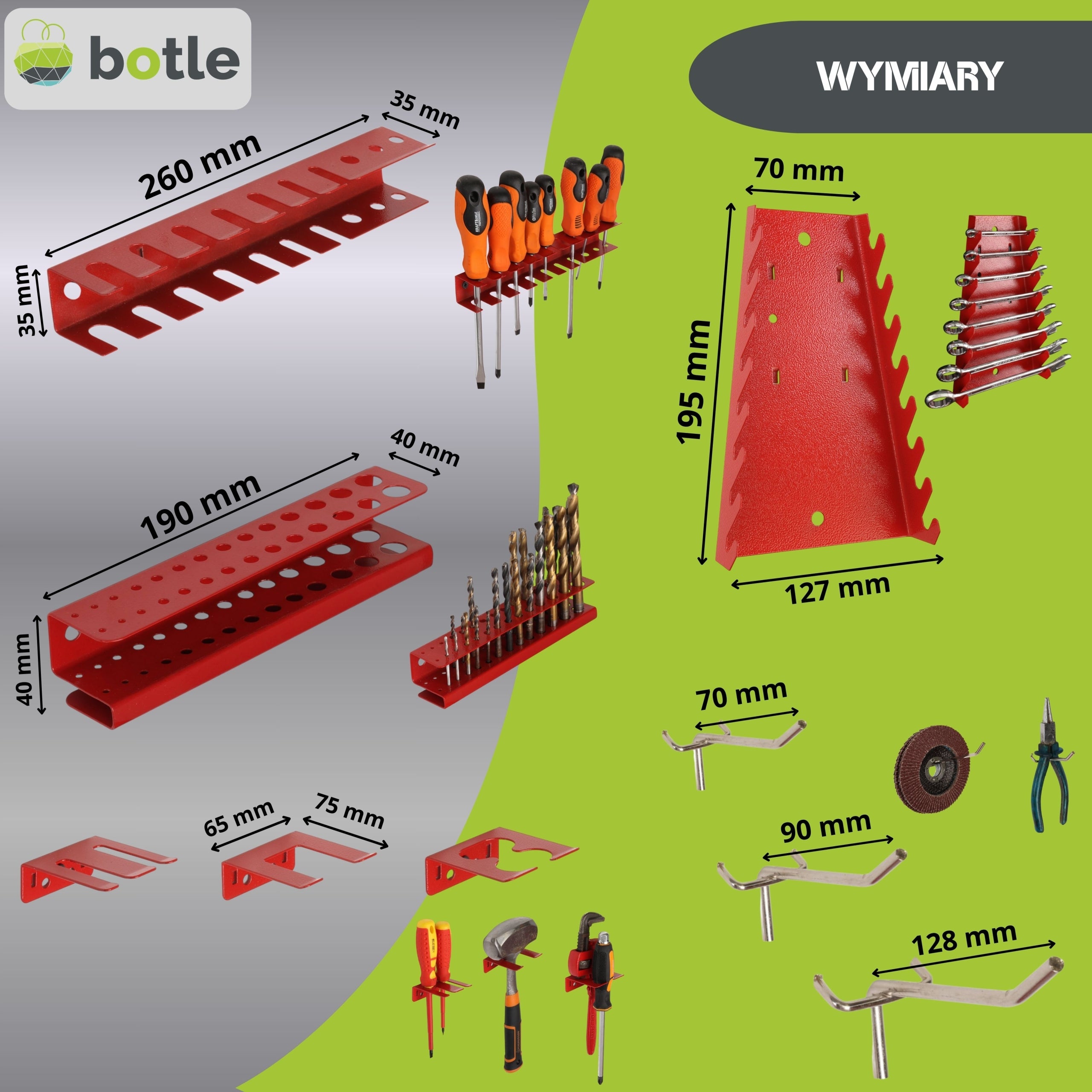 Workshop board botle 120x90cm metal 32 containers red hooks Product width 120 cm