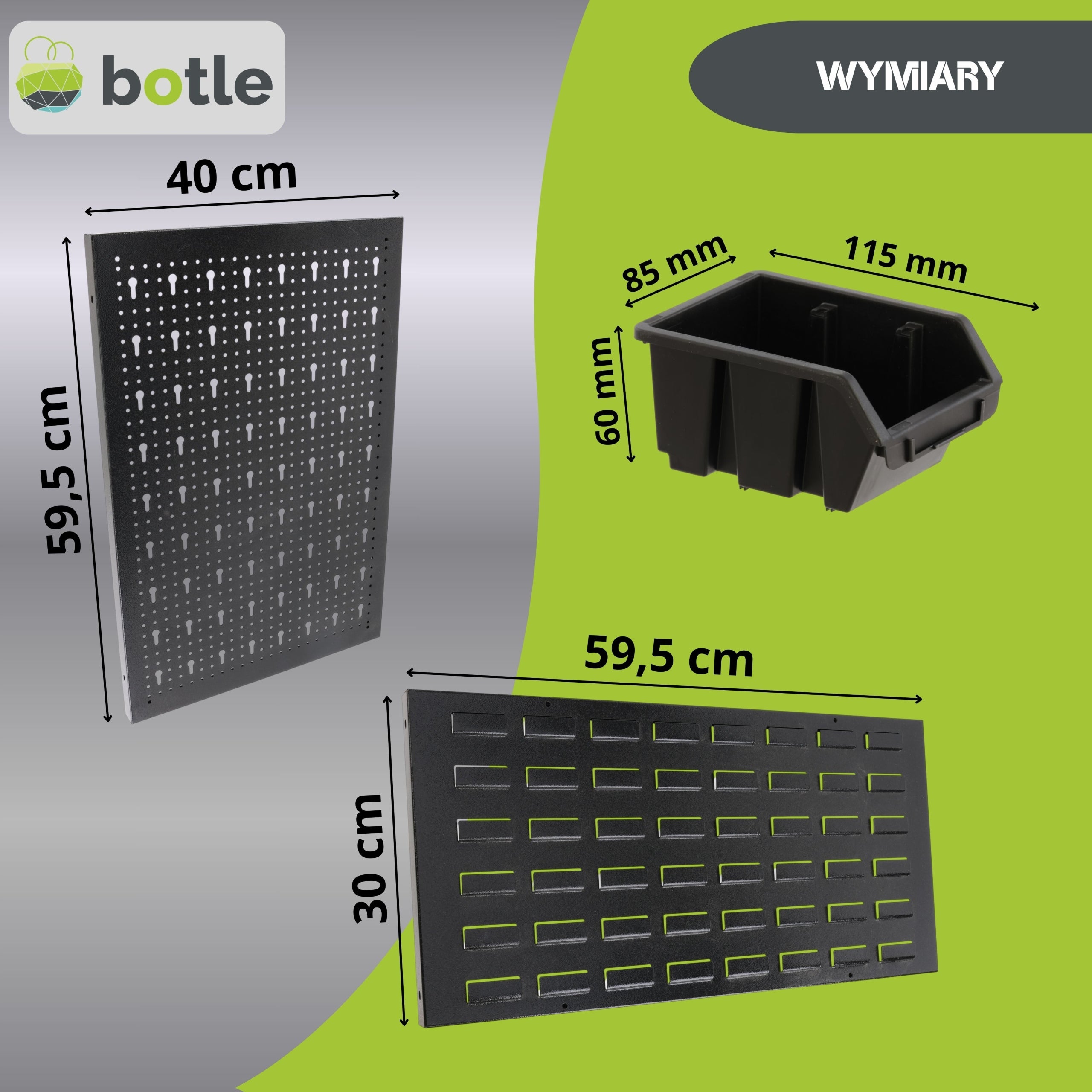Workshop board botle 120x90cm metal 36x container black handles Kind pegboard