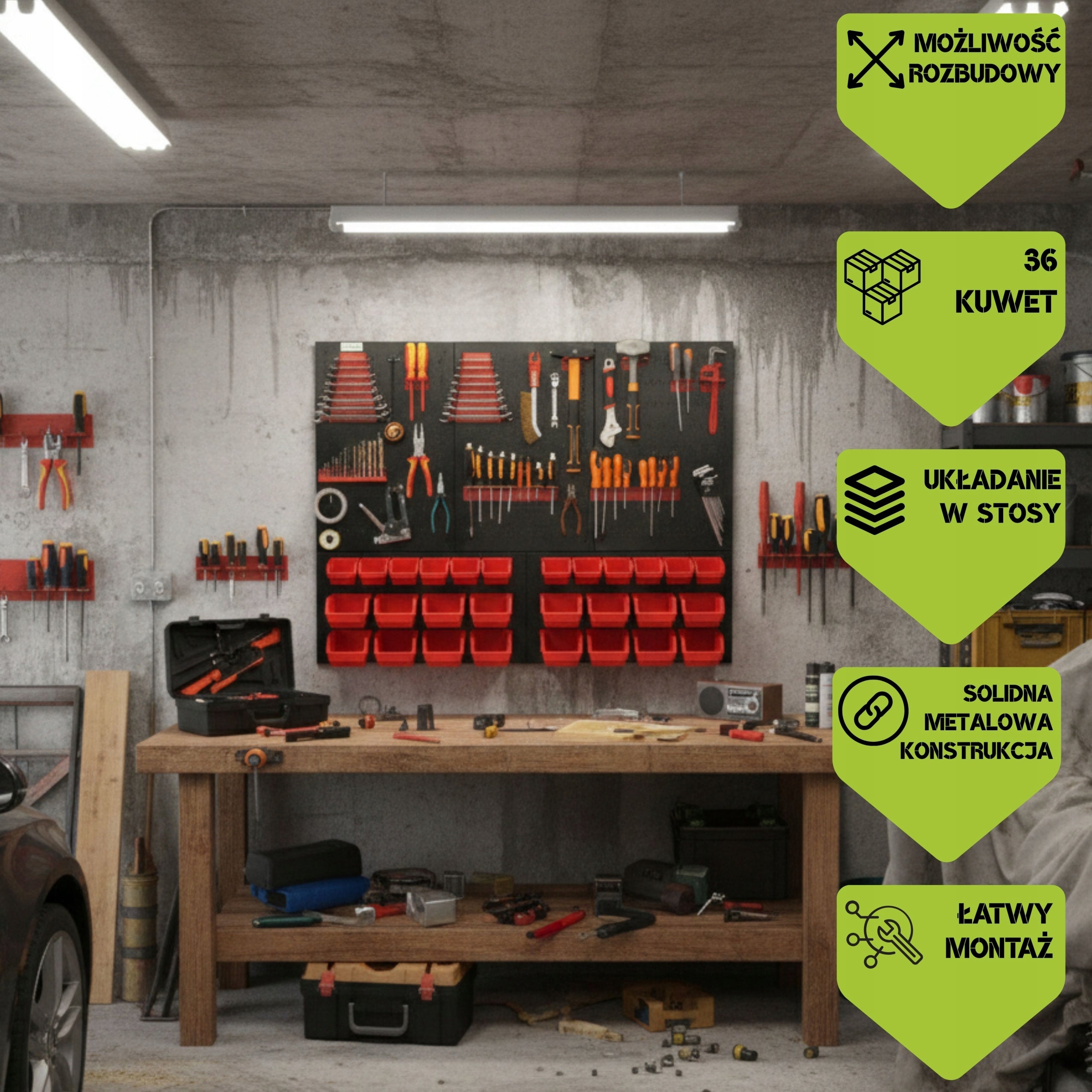 Workshop board botle 120x90cm metal 36x container red handles Product height 90 cm