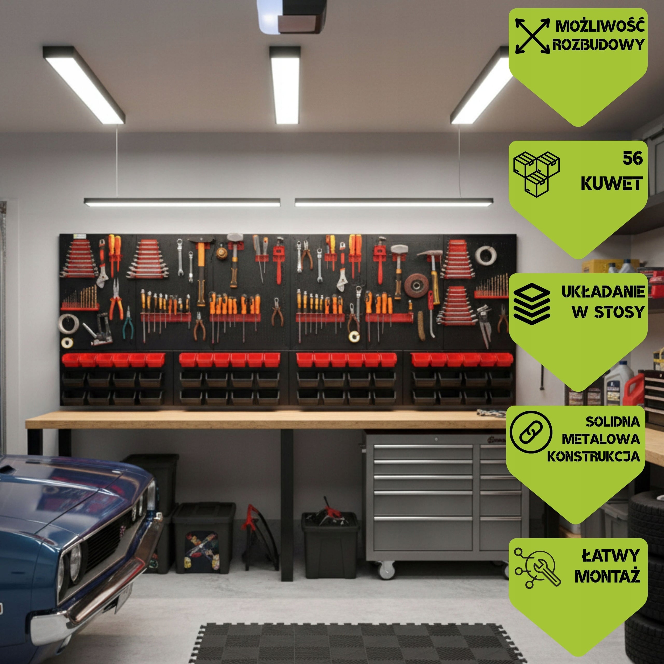Workshop board botle 238x90cm metal 56x container BLACK RED Product height 90 cm