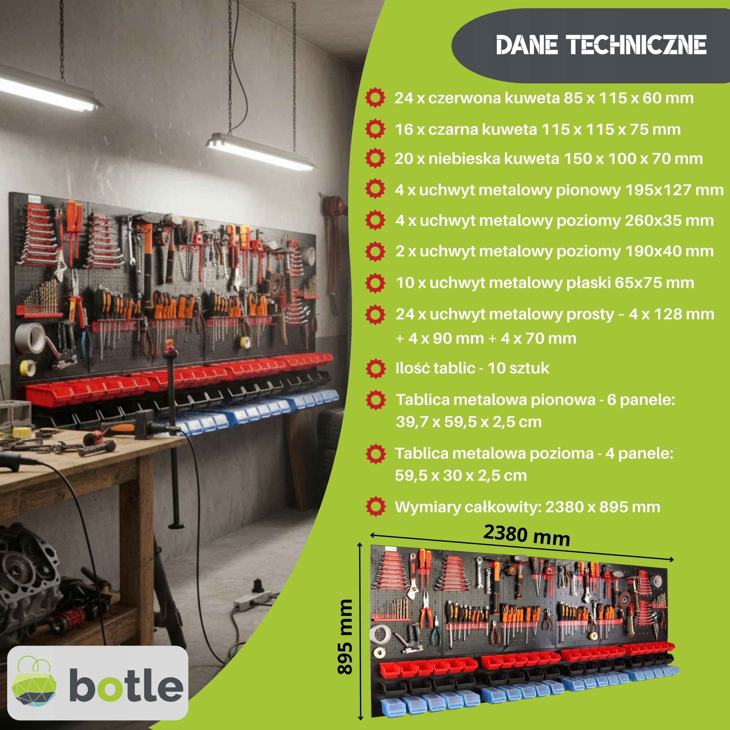 Workshop board botle 238x90cm metal 60x container shelf handles Brand Botle