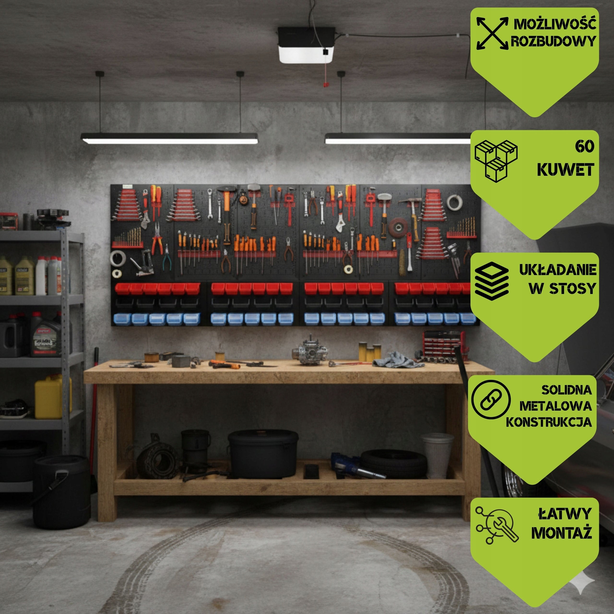 Workshop board botle 238x90cm metal 60x container shelf handles Product height 90 cm