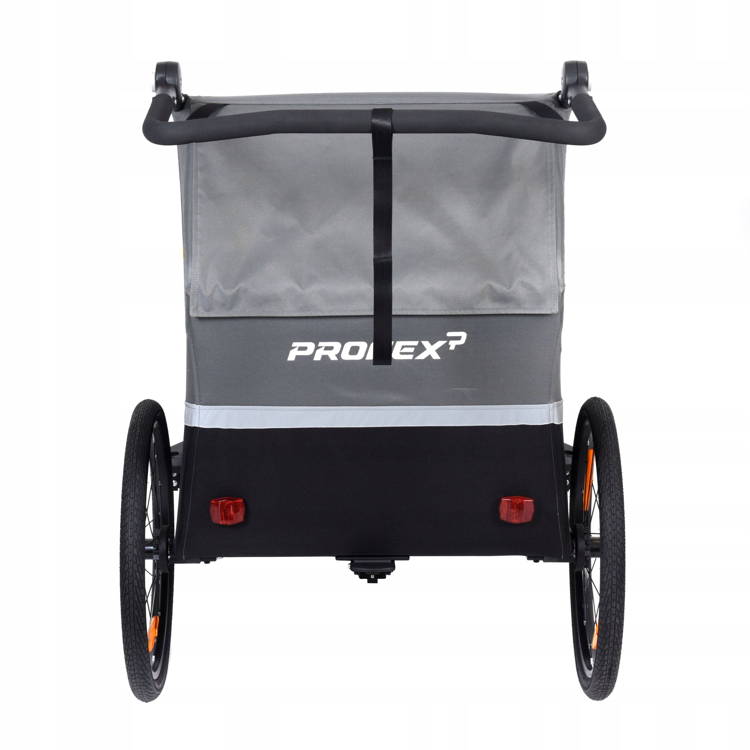 XL CUSHIONED LARGE BICYCLE TRAILER for 2 Children DOUBLE JOGGER Additional features shock absorption safety flag rain cover jogger function brake pockets mosquito net hi-vis reflectors sun visors 5-point harness pumped wheels cargo space foldable trailer design