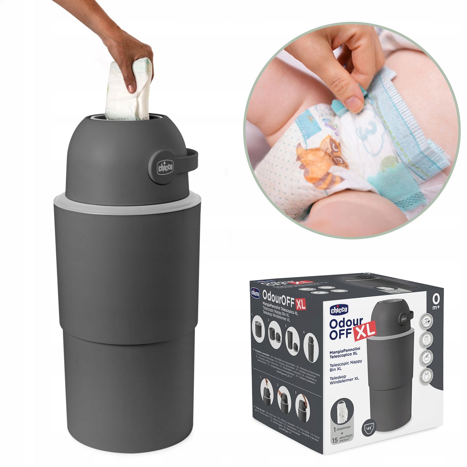 XL Graphite Telescopic Diaper Basket Packaging status original