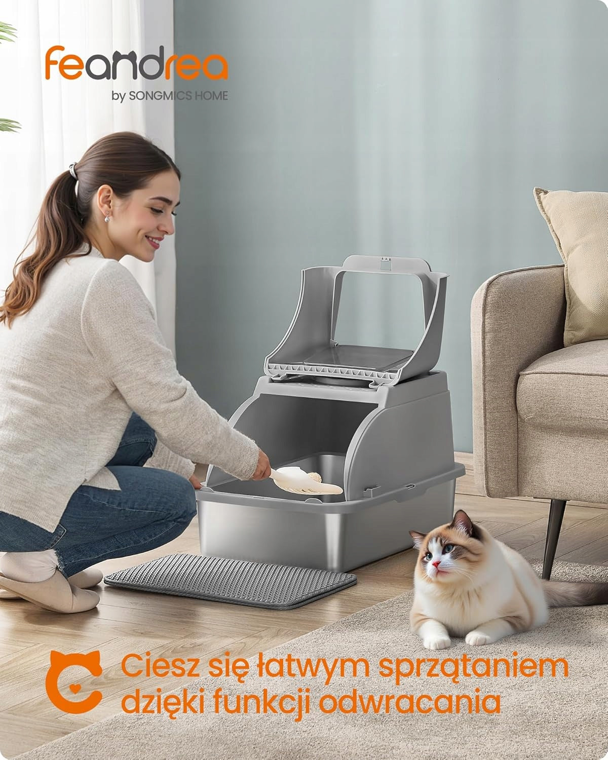 XL STAINLESS STEEL LITTER BOX WITH BRUSH BLADE COVER 2 ENTRANCES 15KG Brand Feandrea